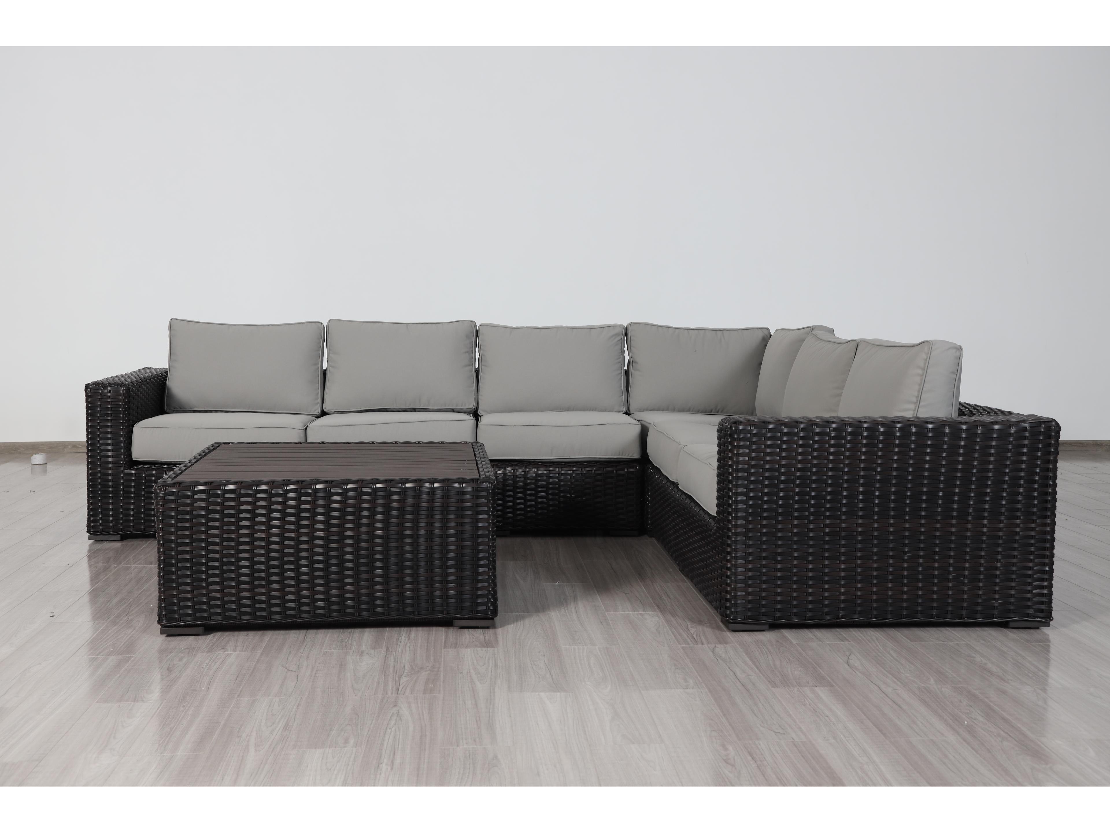 Teva Santa Monica Wicker Rattan Sectional Set in Grey Fabric