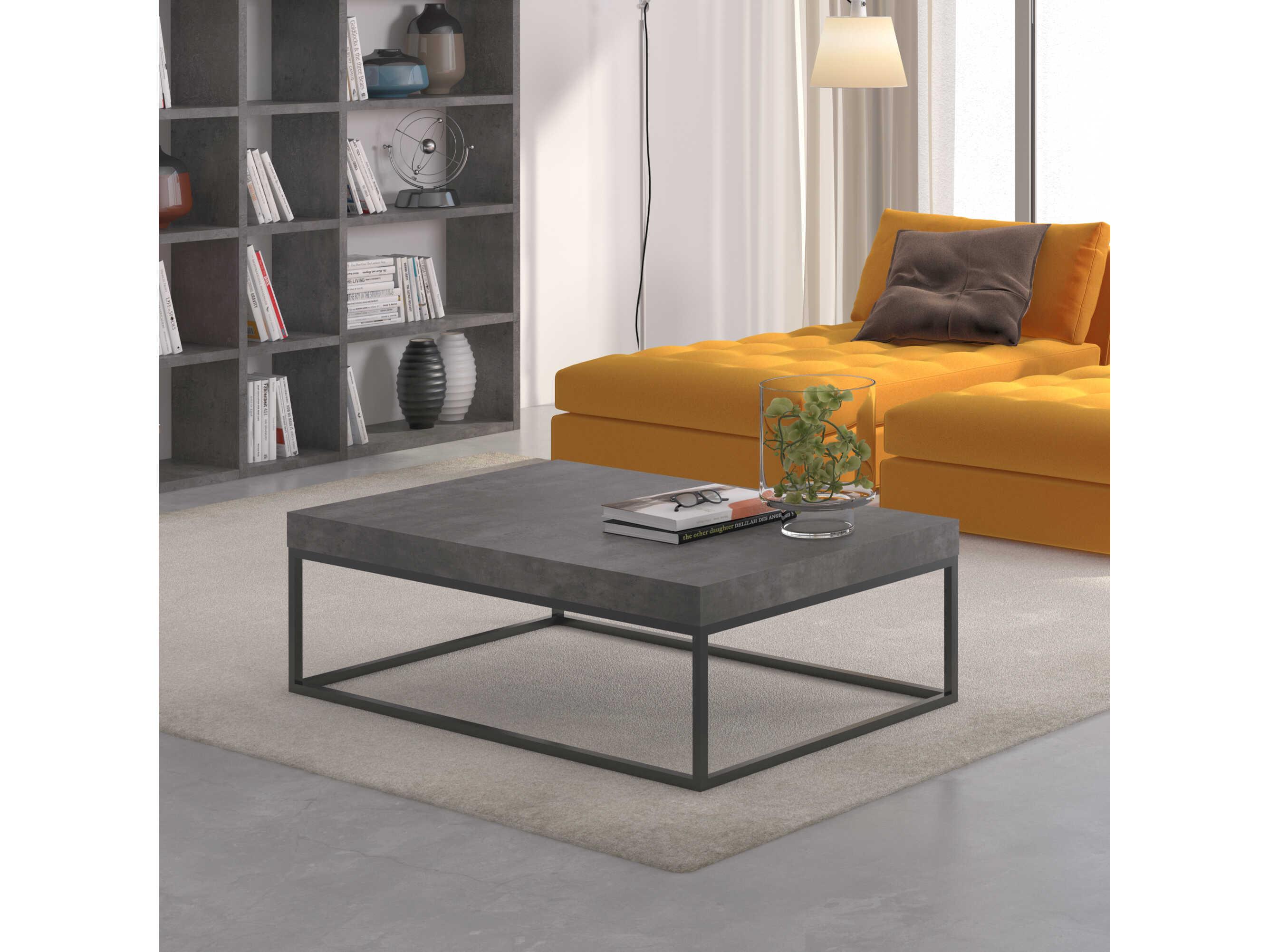 TemaHome Petra Rectangular Faux Stone Concrete Look Top Black Legs Coffee Table