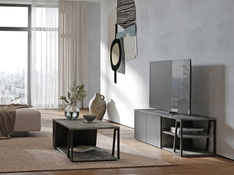 TemaHome Albi 74" Walnut Wood Concrete Look Black TV Stand