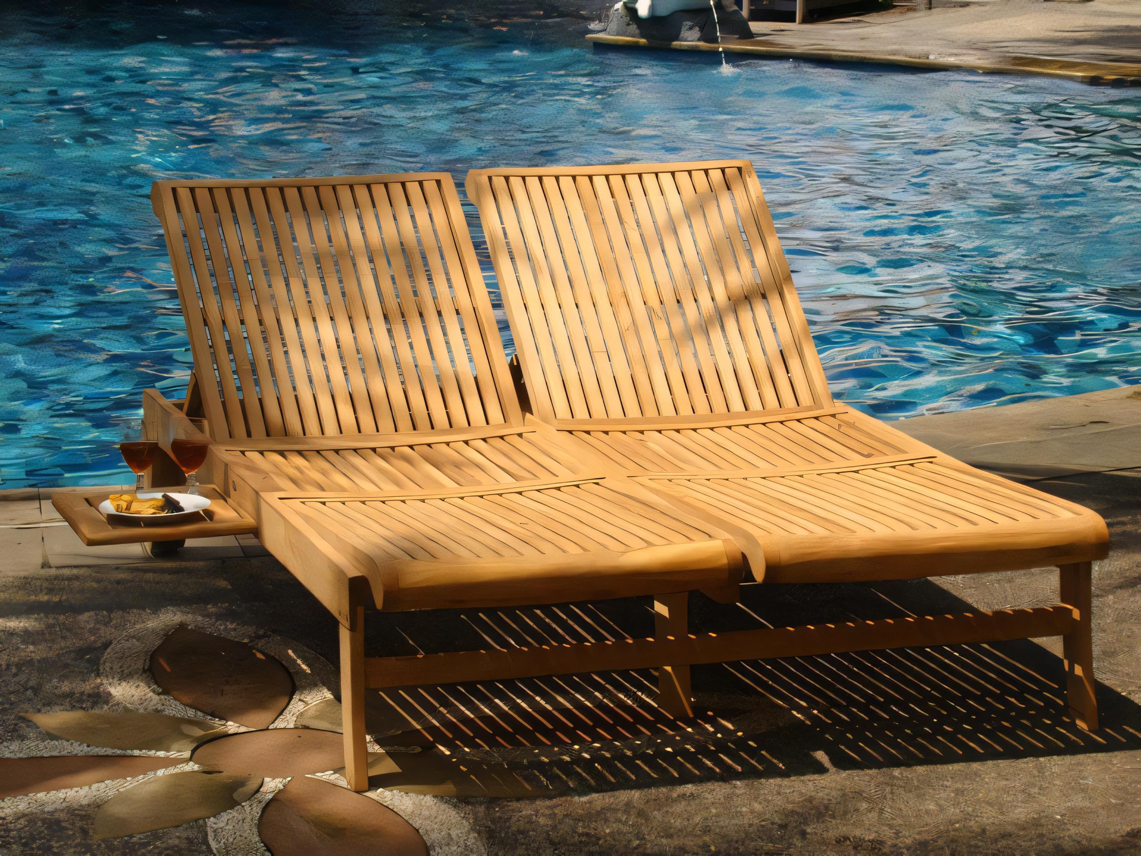 Teak Smith Giva Multi Position Sun Double Chaise Lounger Steamer with slide out Tray