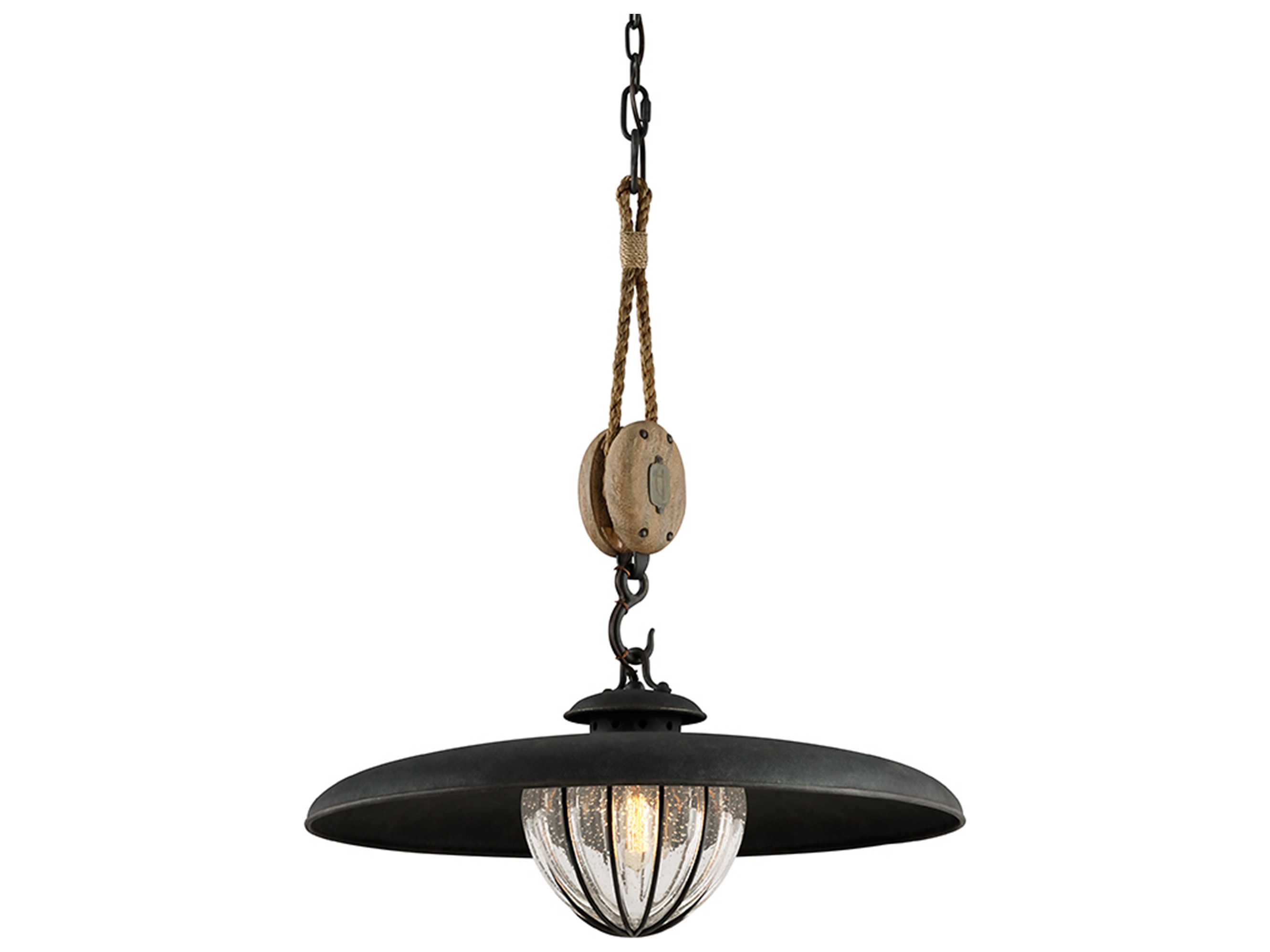 Troy Lighting Murphy 1-Light Vintage Iron With Rustic Wood Black Glass Globe Pendant