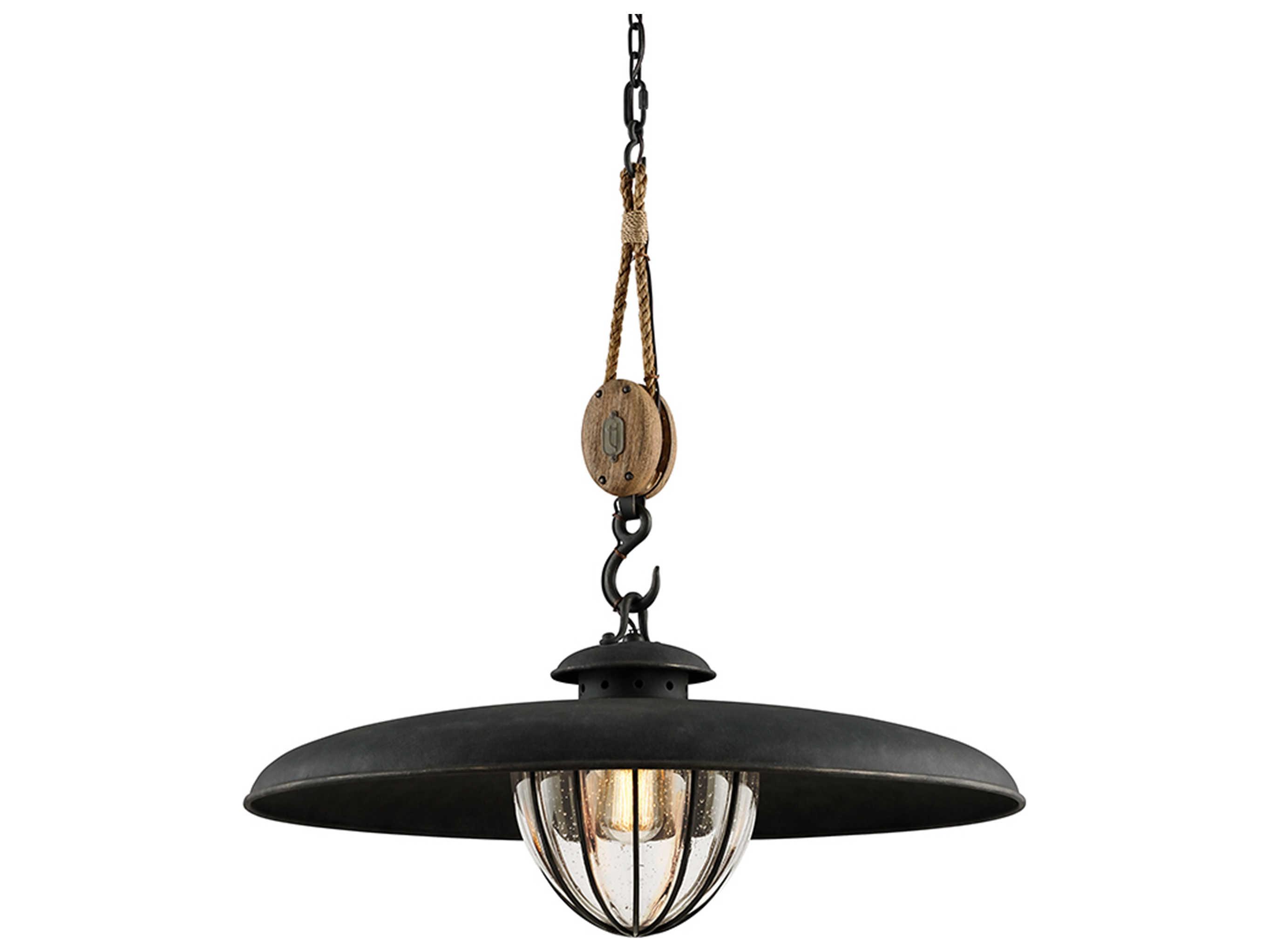 Troy Lighting Murphy 1-Light Vintage Iron Rustic Wood Black Glass Globe Pendant