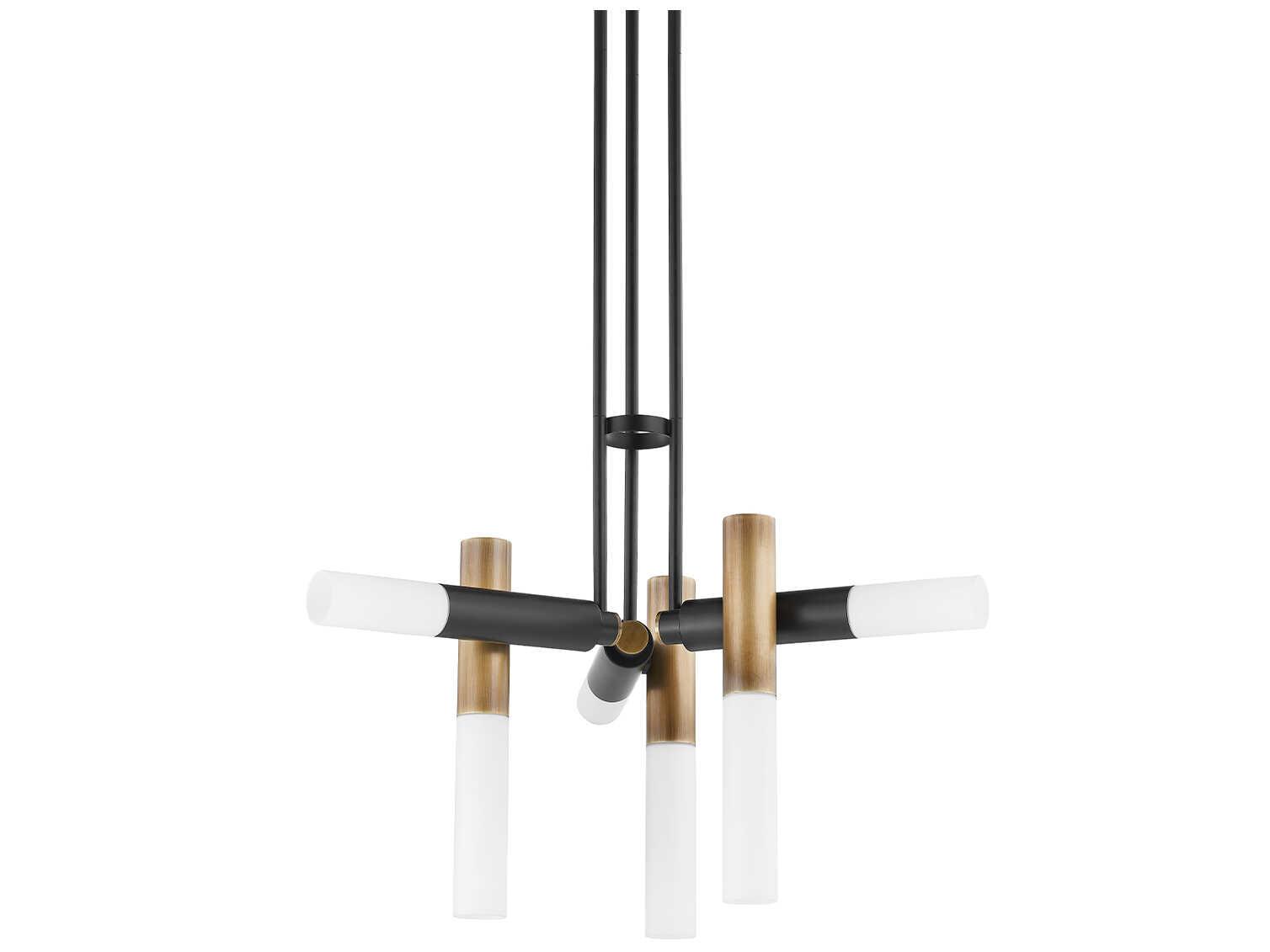 Troy Lighting Koa 6-Light Patina Brass Soft Black Glass Cylinder Linear Chandelier