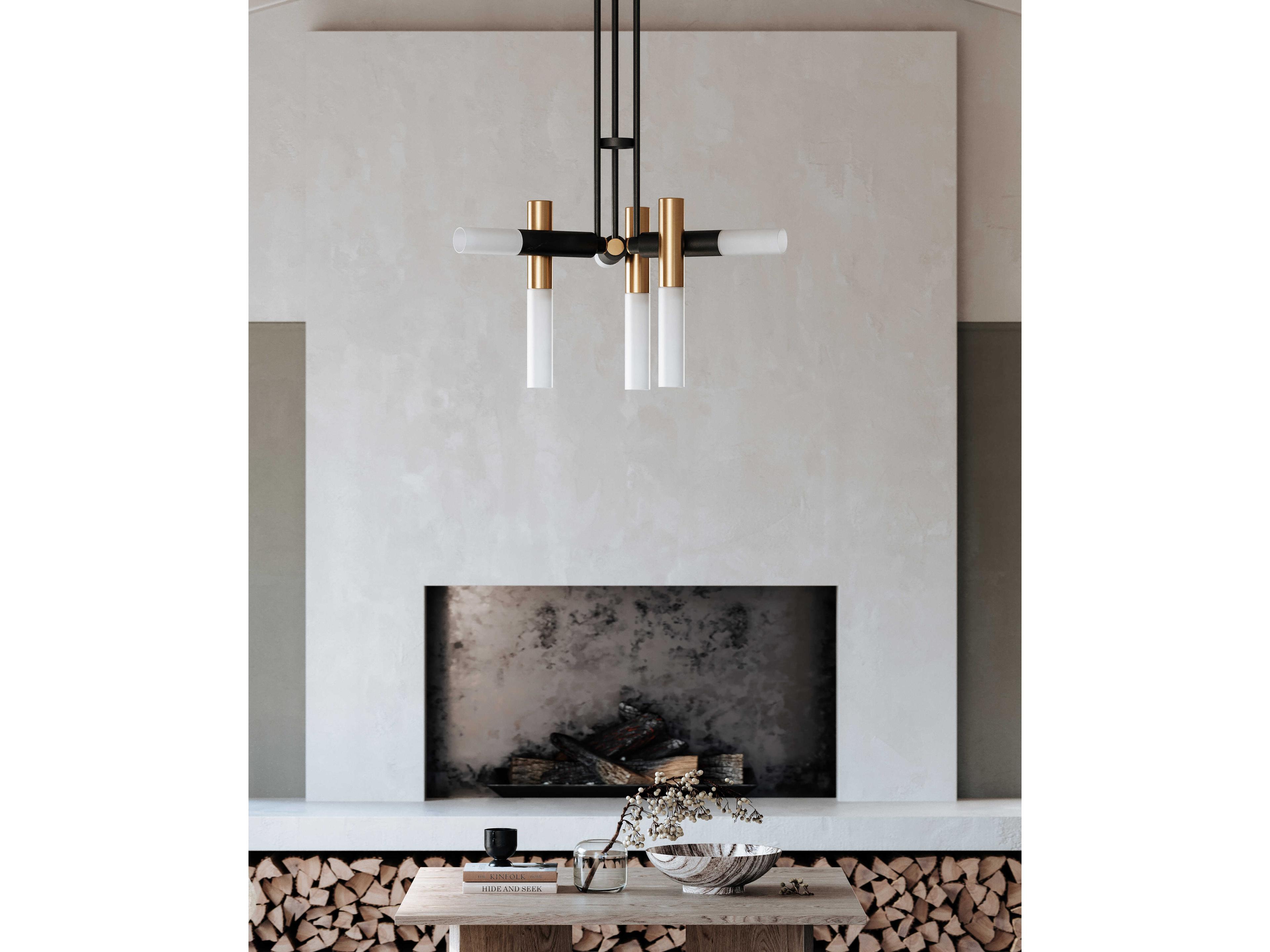 Troy Lighting Koa 6-Light Patina Brass Soft Black Glass Cylinder Linear Chandelier