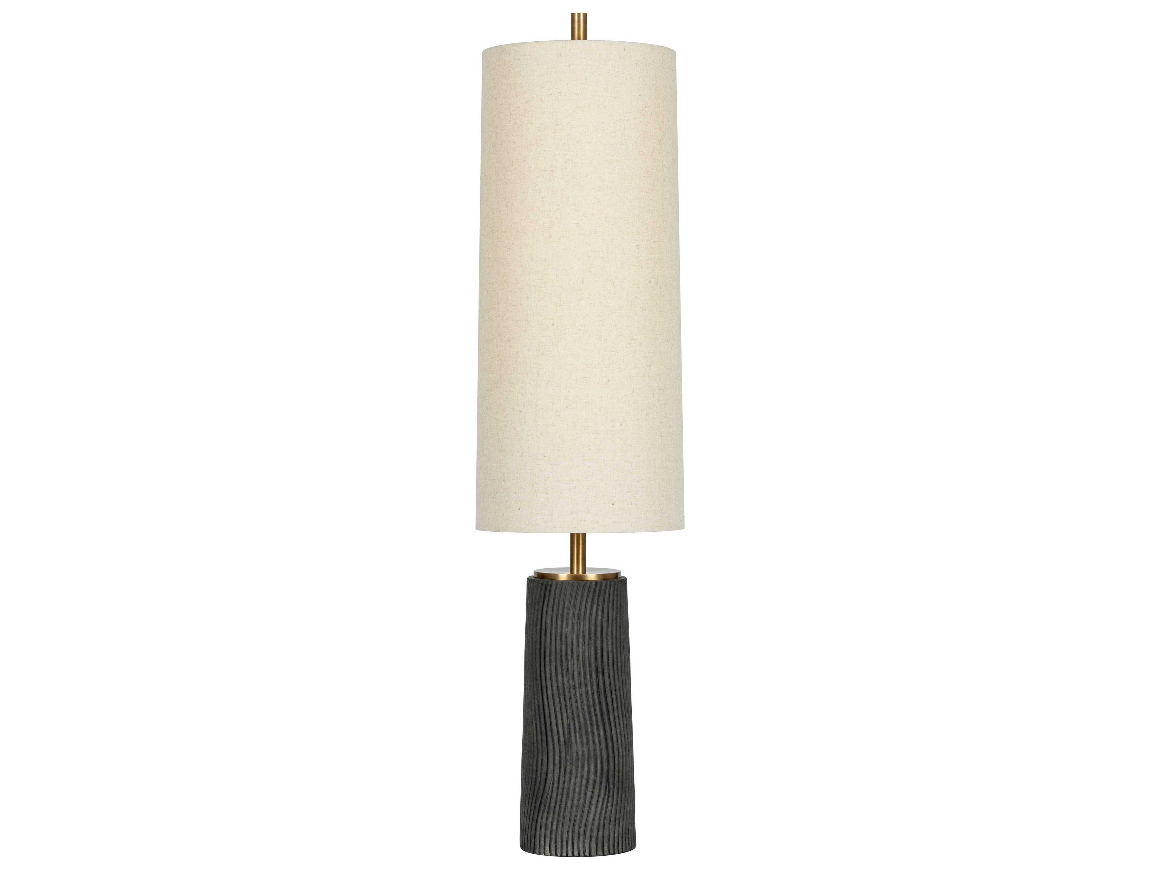 Troy Lighting Thane Patina Brass Ceramic Meditation Grey Natural Linen Fabric Floor Lamp