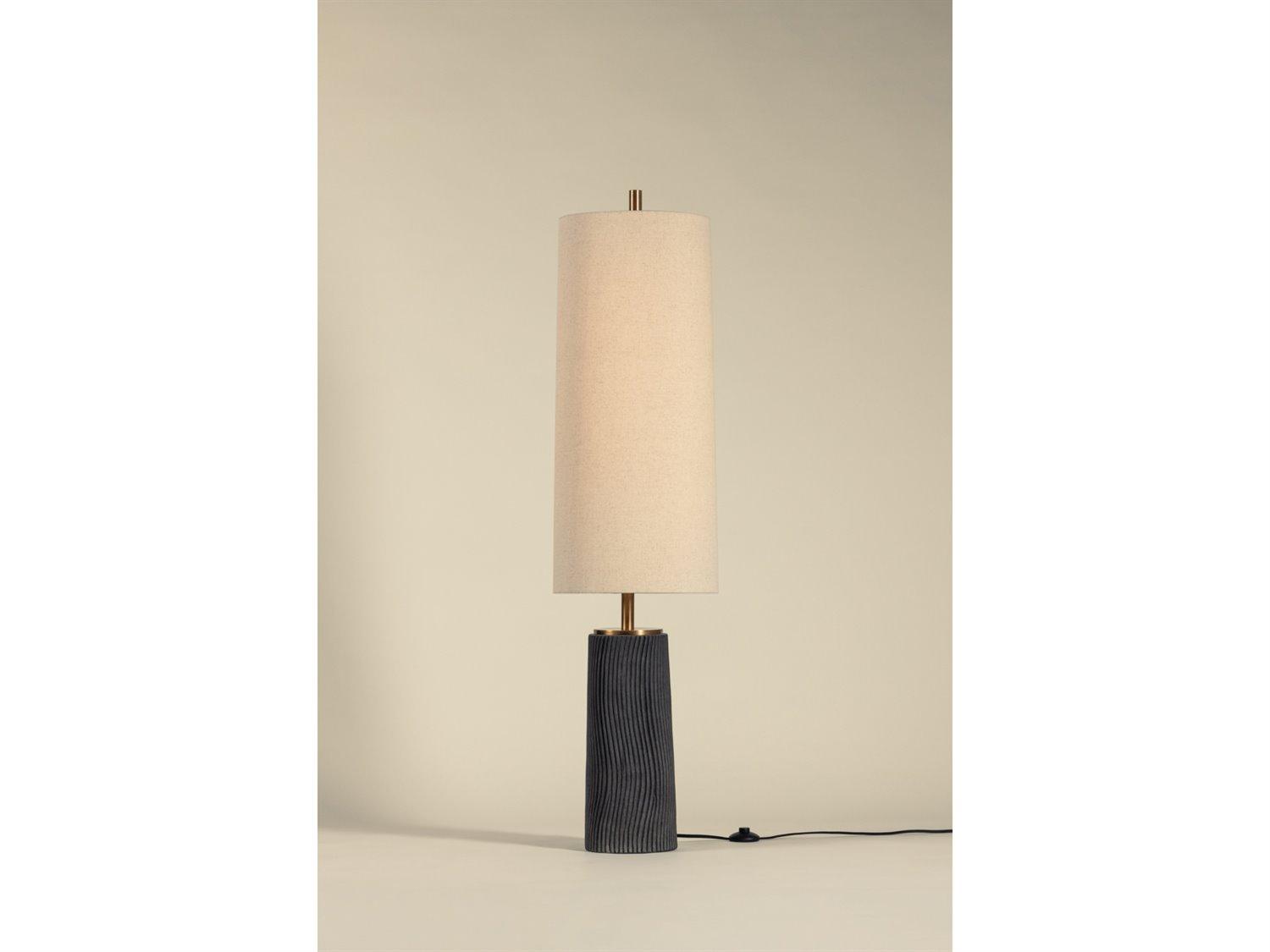 Troy Lighting Thane Patina Brass Ceramic Meditation Grey Natural Linen Fabric Floor Lamp