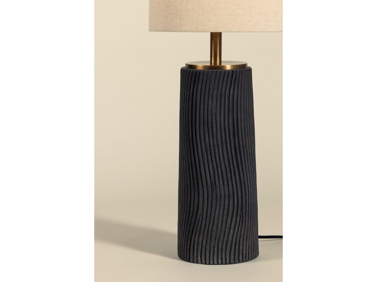 Troy Lighting Thane Patina Brass Ceramic Meditation Grey Natural Linen Fabric Floor Lamp