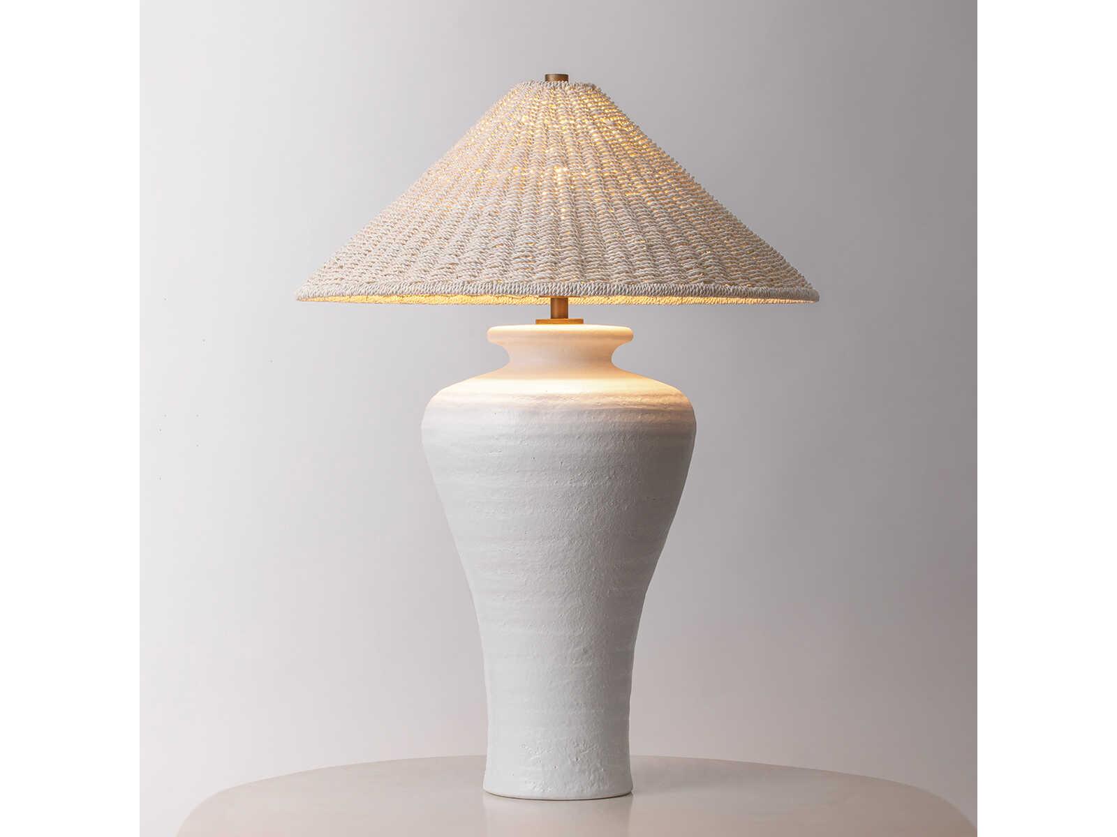 Troy Lighting Pezante Patina Brass Ceramic Loft White Bleached Abaca Buffet Lamp