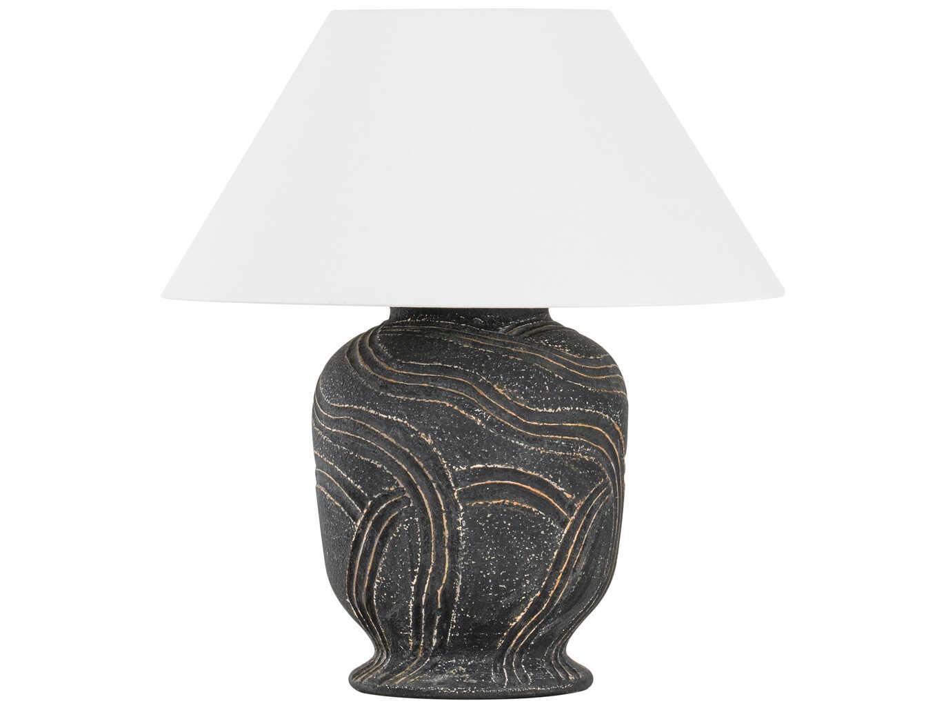 Troy Lighting Pecola Patina Brass Ceramic Windswept Ash Off White Linen Black Table Lamp