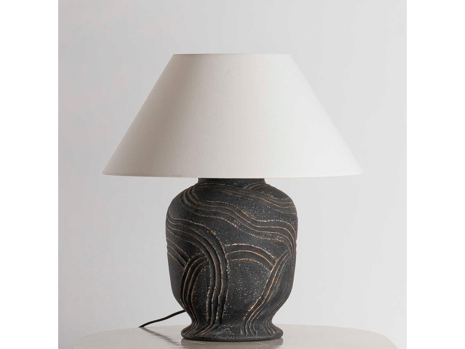 Troy Lighting Pecola Patina Brass Ceramic Windswept Ash Off White Linen Black Table Lamp