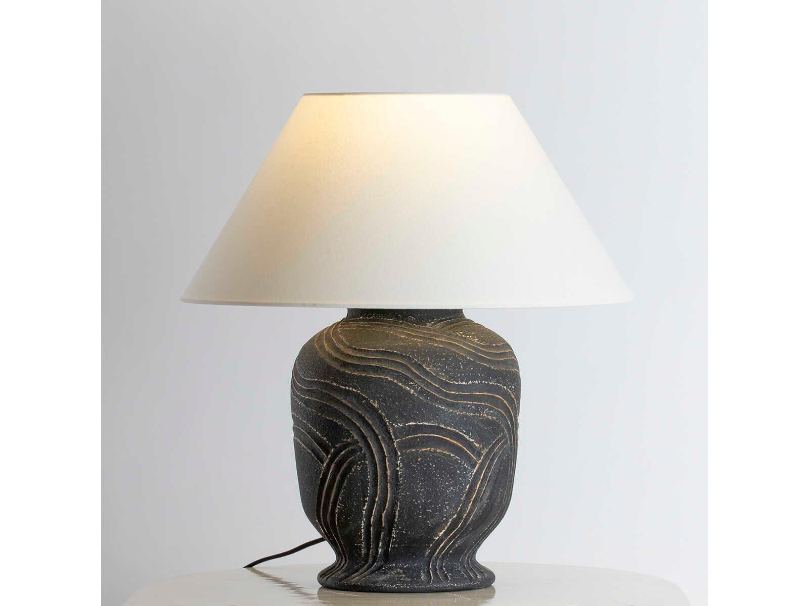 Troy Lighting Pecola Patina Brass Ceramic Windswept Ash Off White Linen Black Table Lamp