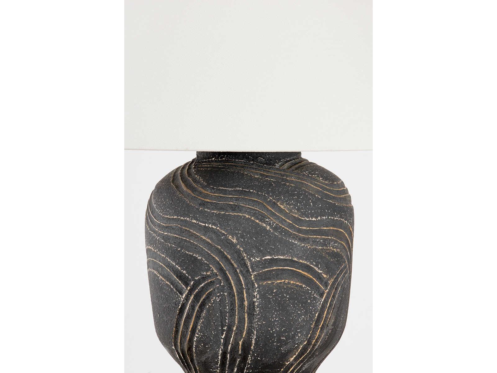 Troy Lighting Pecola Patina Brass Ceramic Windswept Ash Off White Linen Black Table Lamp
