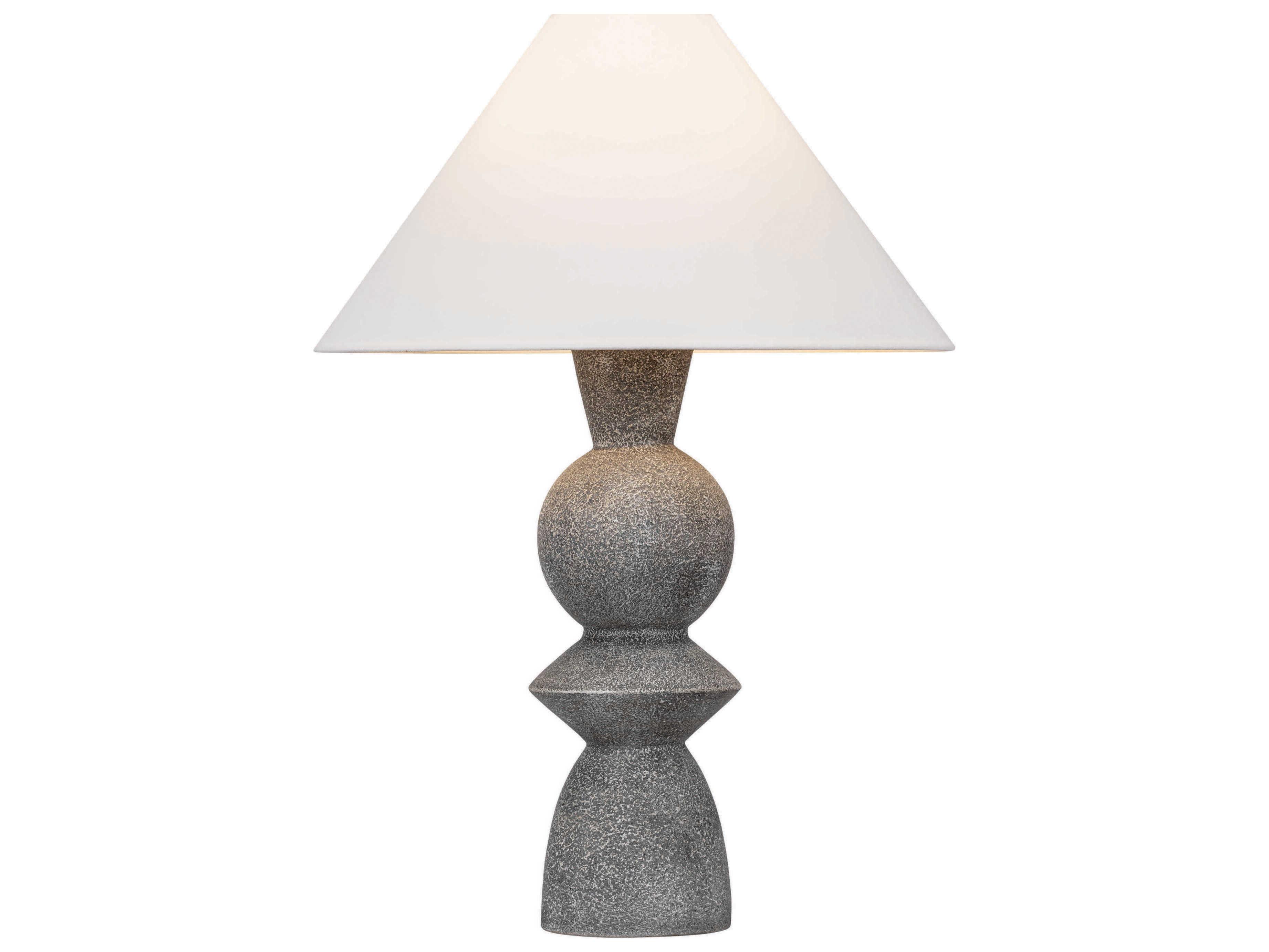 Troy Lighting Cyrah Patina Brass Ceramic Lunar Grey White Linen Fabric Buffet Lamp