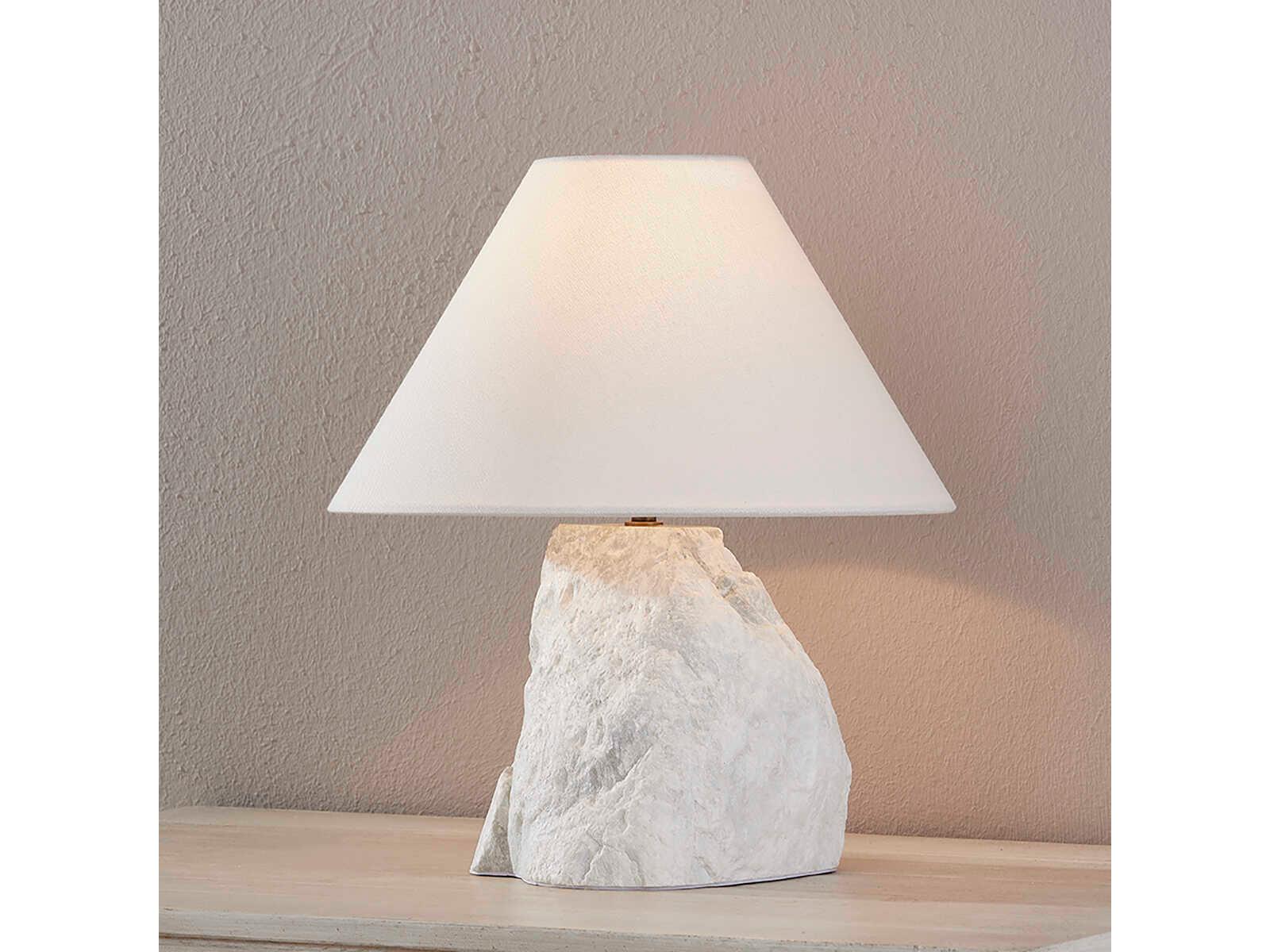Troy Lighting Carver Patina Brass Off White Linen Gray Table Lamp