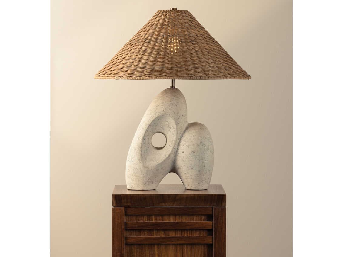 Troy Lighting Chandler Mclellan Nairn Patina Brass Ceramic Rustic Bone Natural Woven Light Wicker Buffet Lamp