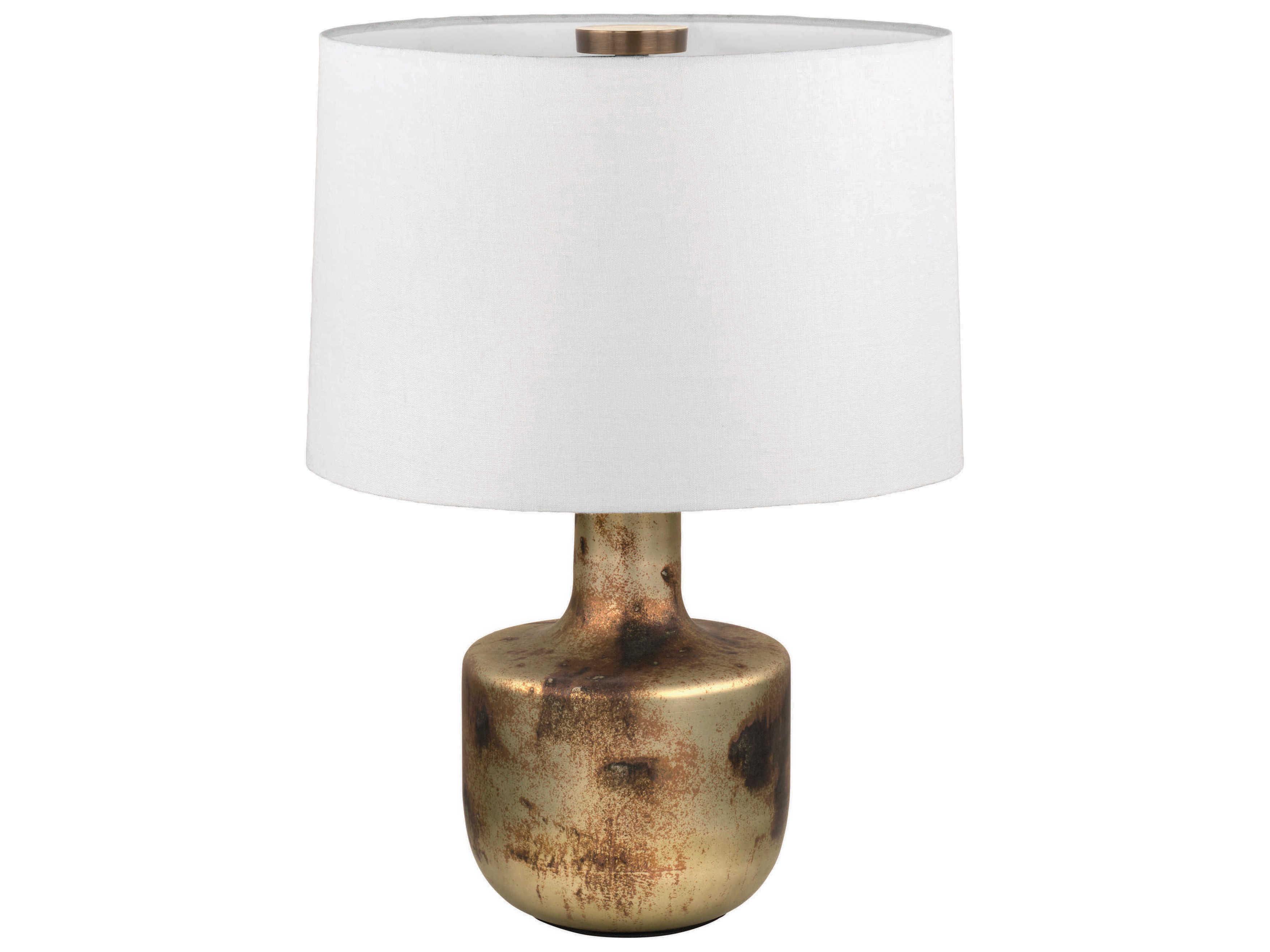 Troy Lighting Terron Patina Brass White Linen Fabric Table Lamp