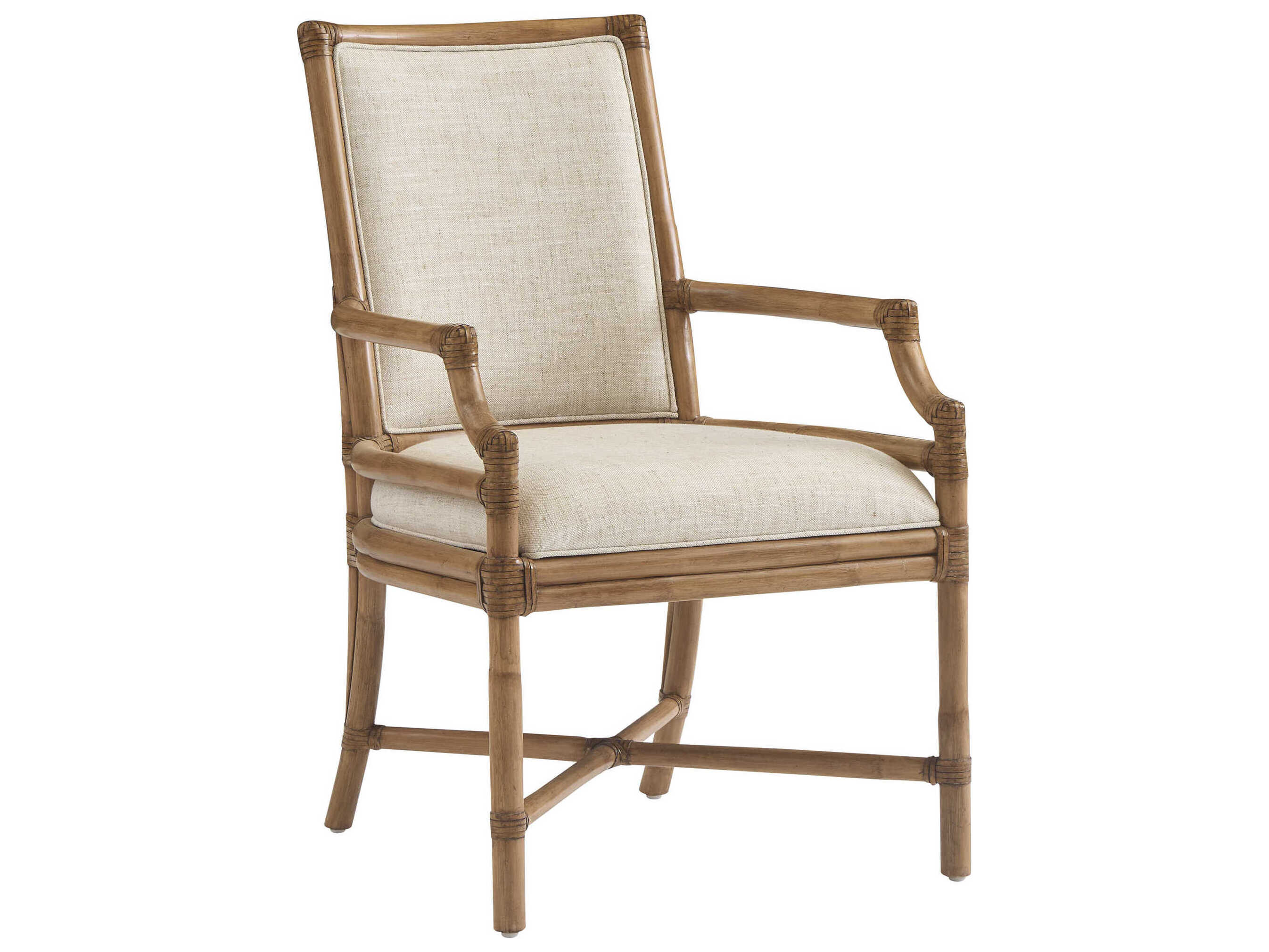 Tommy Bahama Key Biscayne Rattan Beige Upholstered Arm Dining Chair