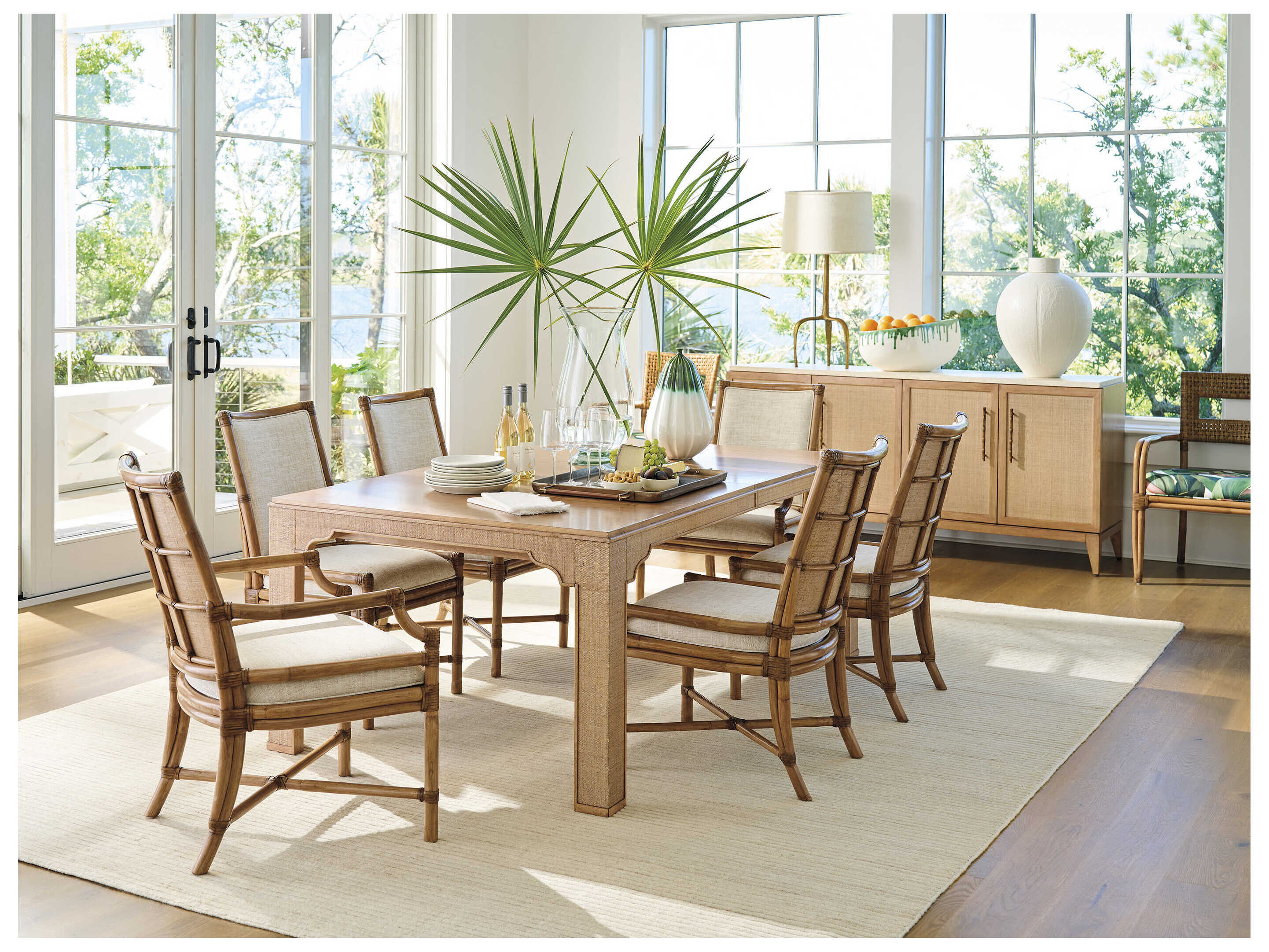 Tommy Bahama Key Biscayne Rattan Beige Upholstered Arm Dining Chair