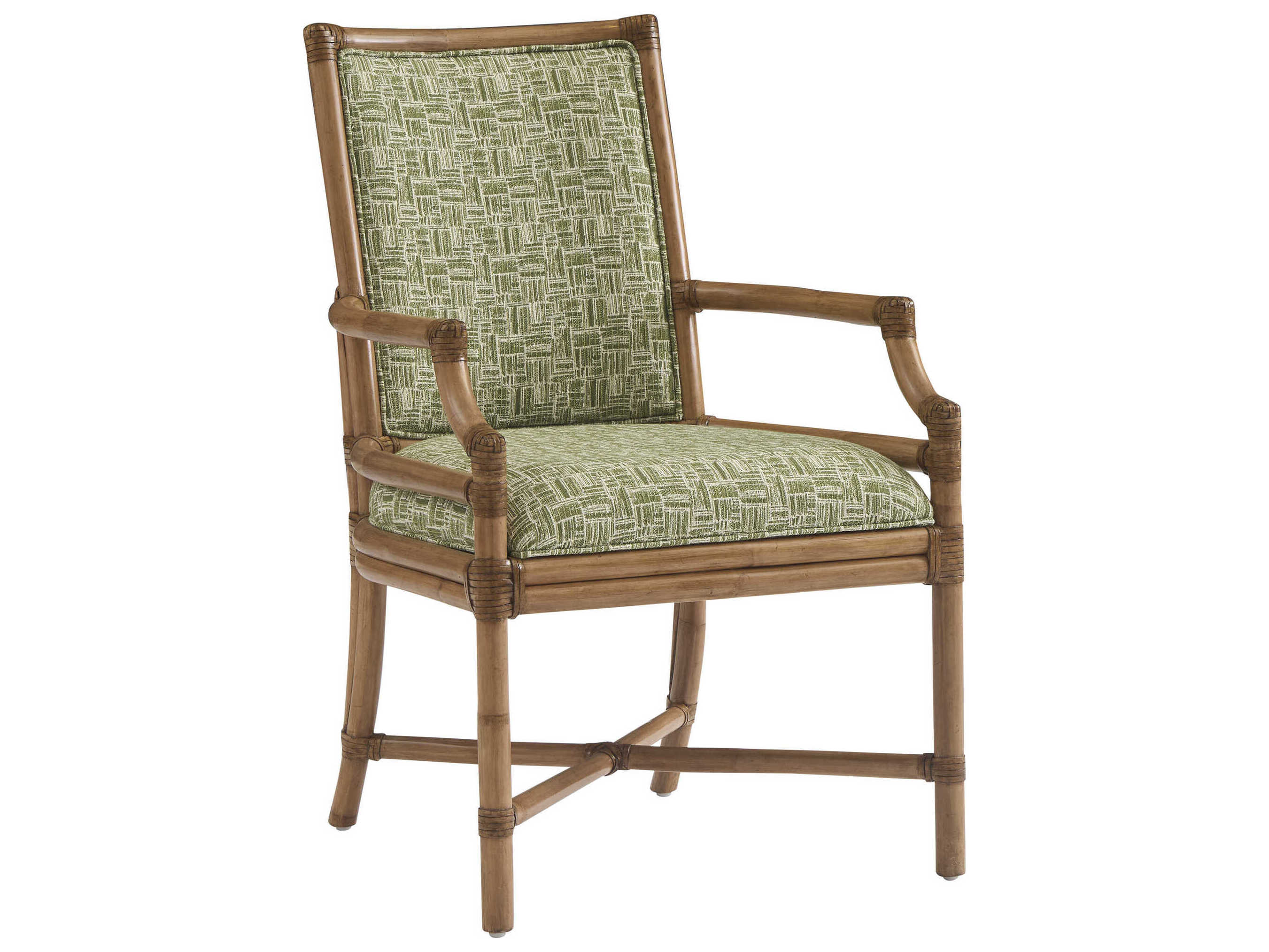Tommy Bahama Key Biscayne Rattan Green Upholstered Arm Dining Chair