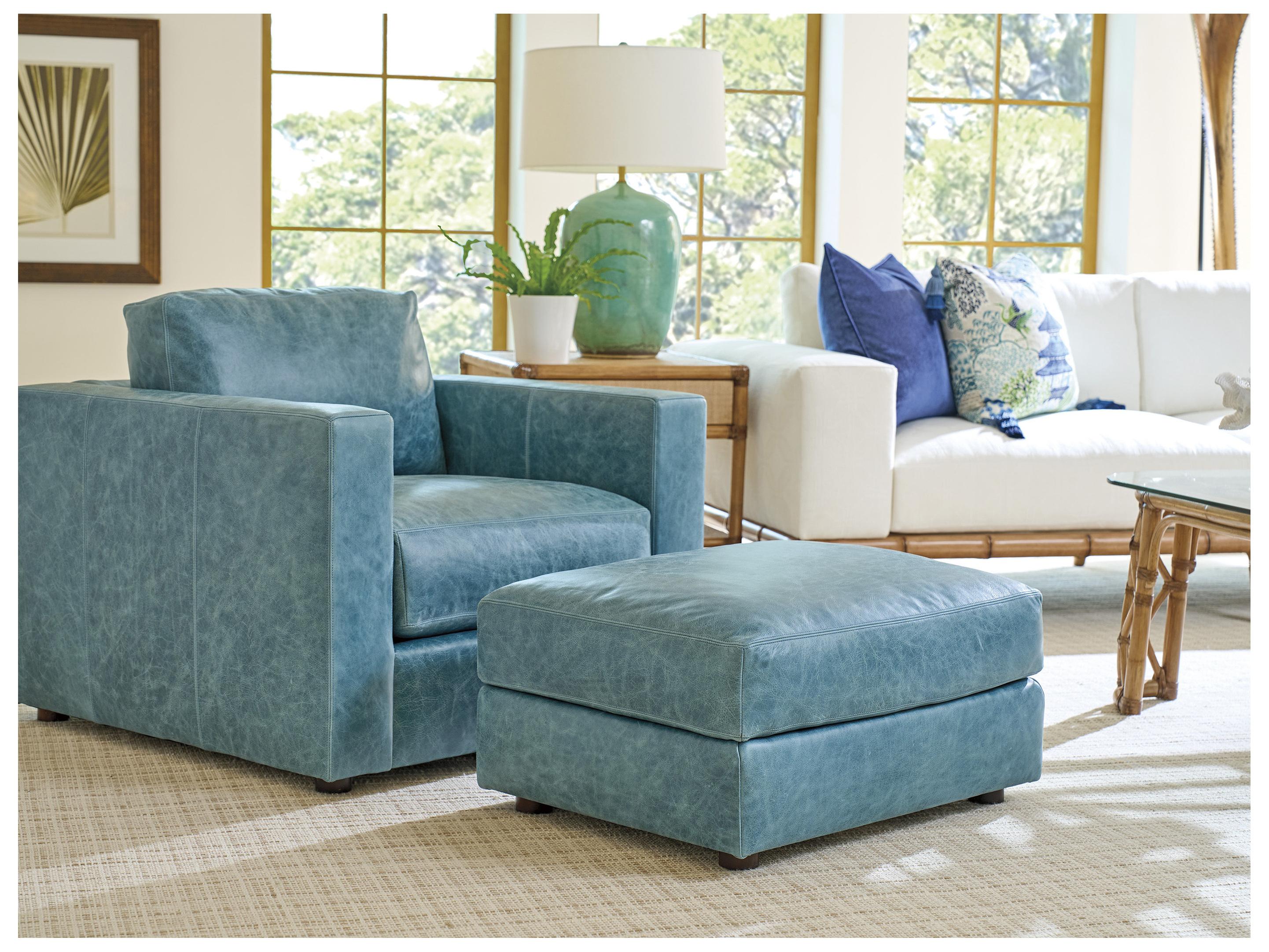 Tommy Bahama Key Biscayne Blue Leather Ottoman