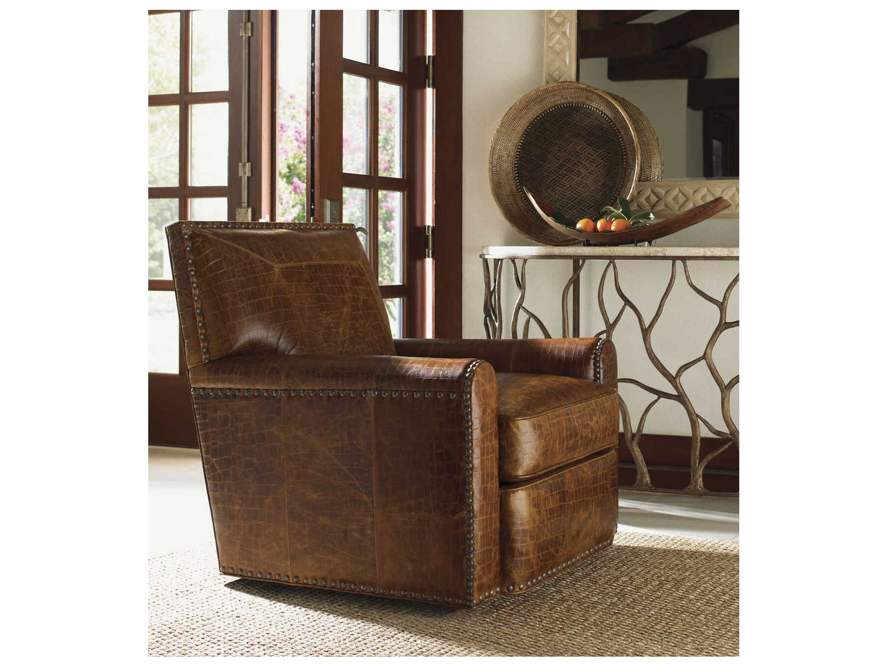 Tommy Bahama Upholstery Swivel Brown Leather Accent Chair