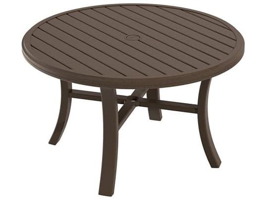 Tropitone Banchetto Slat Aluminum Round Outdoor Chat Table with Umbrella Hole