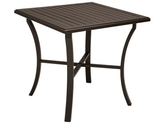 Tropitone Banchetto Slat Aluminum Square Outdoor Patio Bar Table with Umbrella Hole