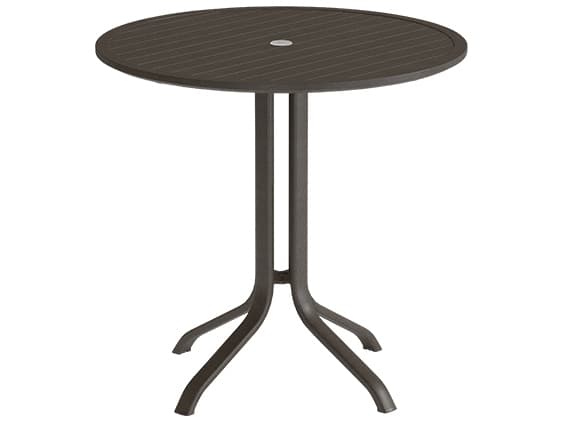 Tropitone Aluminum Slat Round KD Pedestal Outdoor Patio Bar Height Table with Umbrella Hole