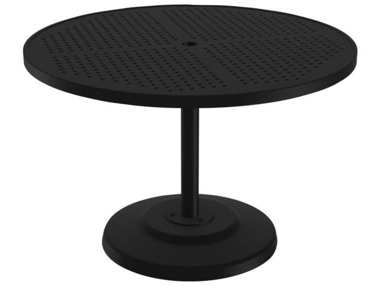 Tropitone Boulevard Aluminum Round KD Pedestal Patio Dining Table with Umbrella Hole