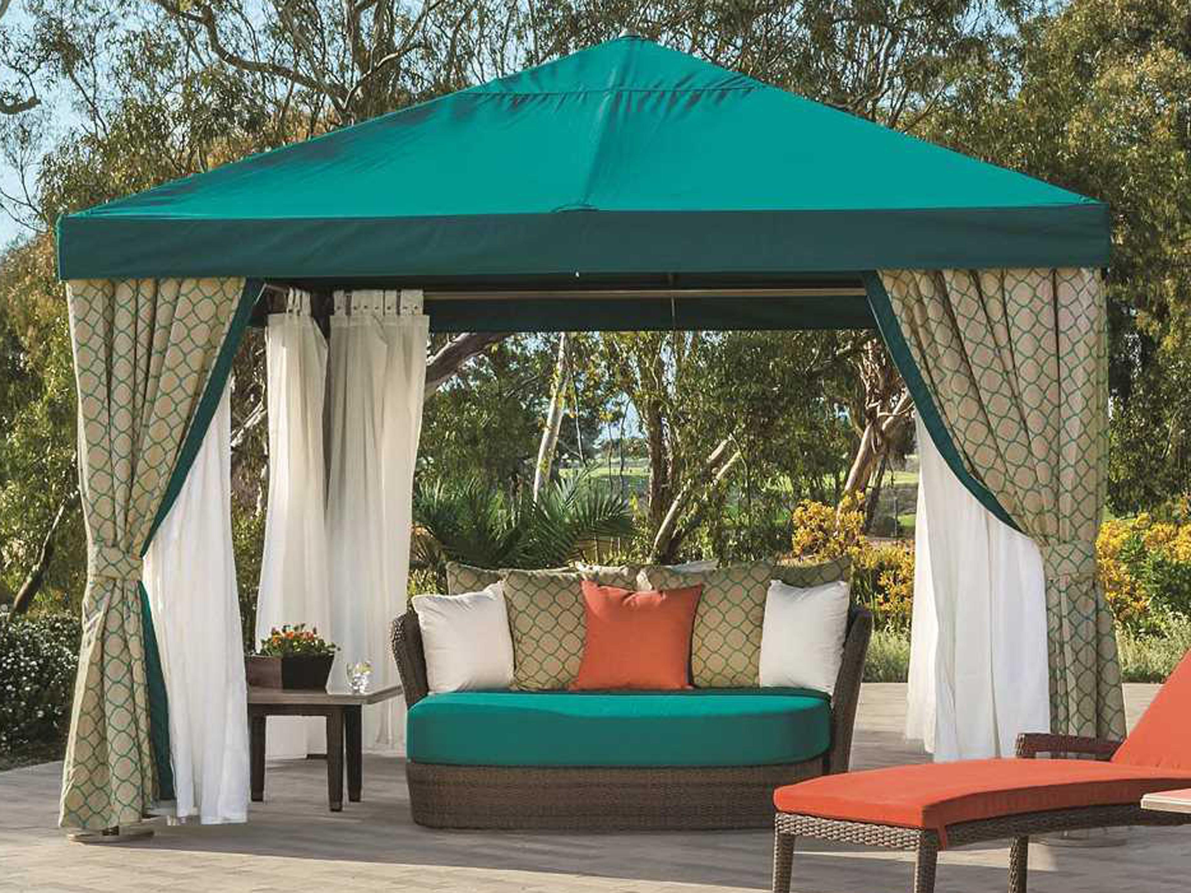 Tropitone Cabana Pavilion Aluminum 8 Foot Square with Vent Fabric Curtains and Sheer Curtain Rods