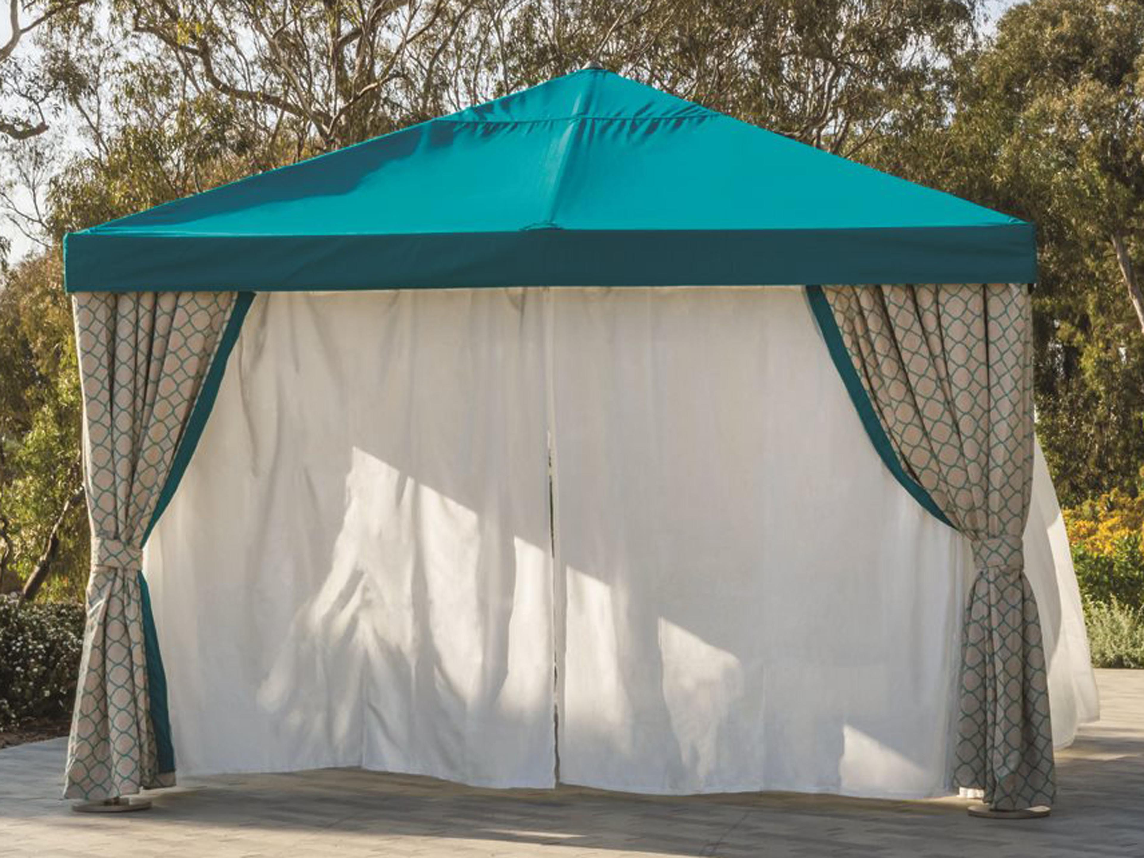 Tropitone Cabana Pavilion Aluminum 8 Foot Square with Vent Fabric Curtains and Sheer Curtain Rods