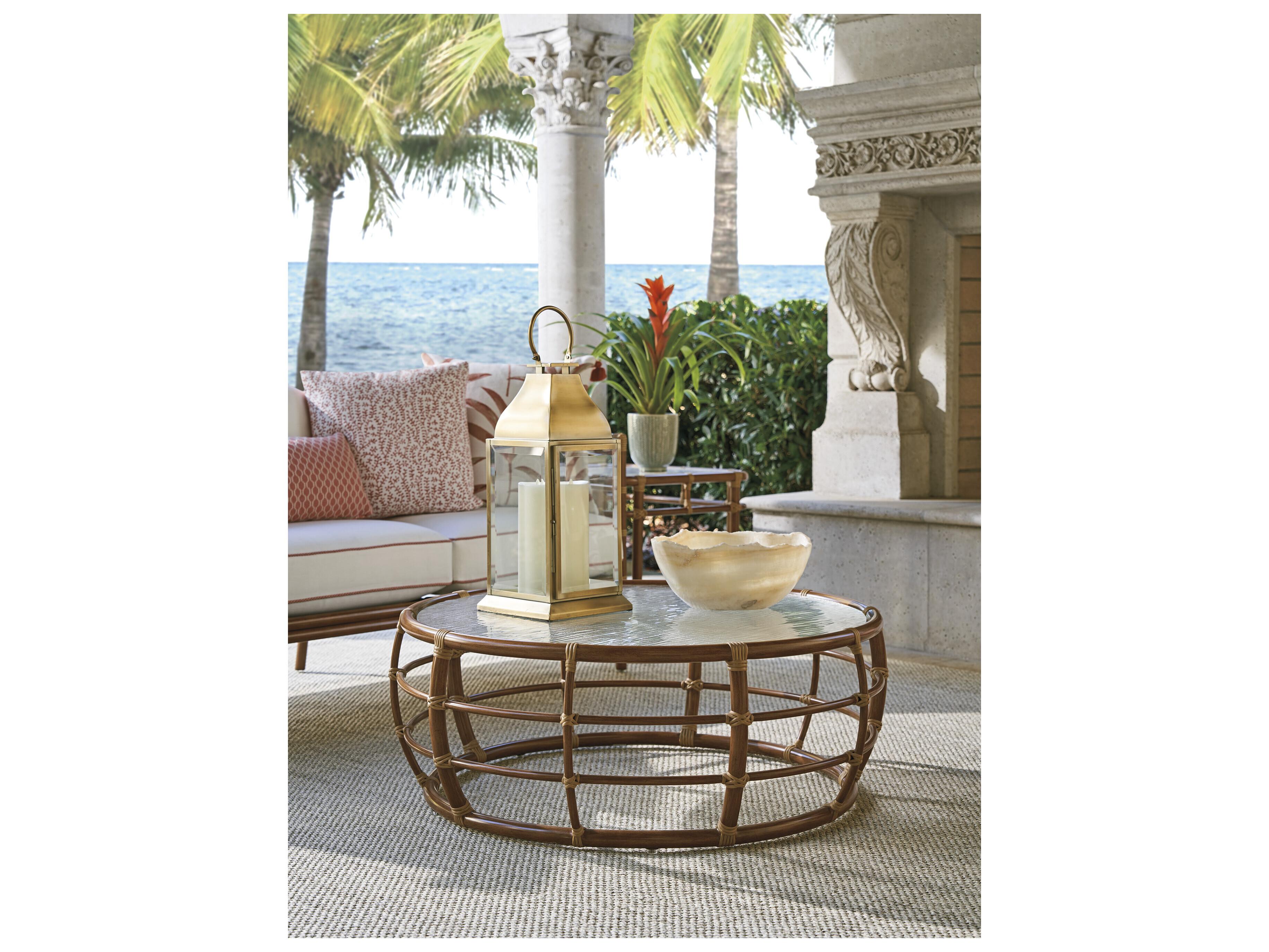 Tommy Bahama Outdoor Sandpiper Bay Aluminum Wicker Round Glass Top Coffee Table