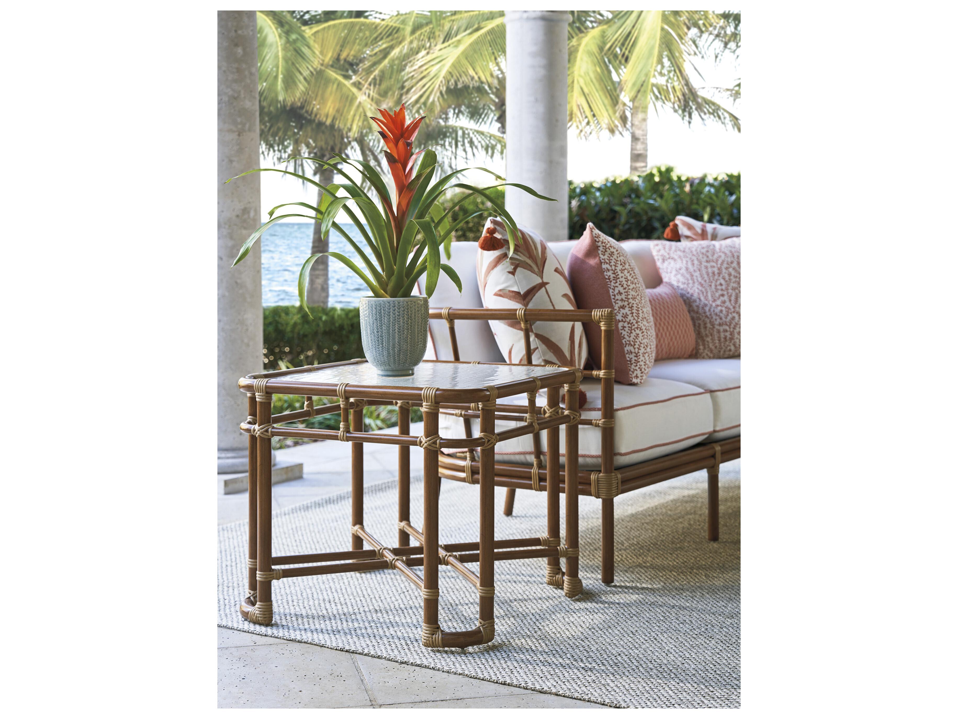 Tommy Bahama Outdoor Sandpiper Bay Aluminum Wicker Square Glass Top Accent Table