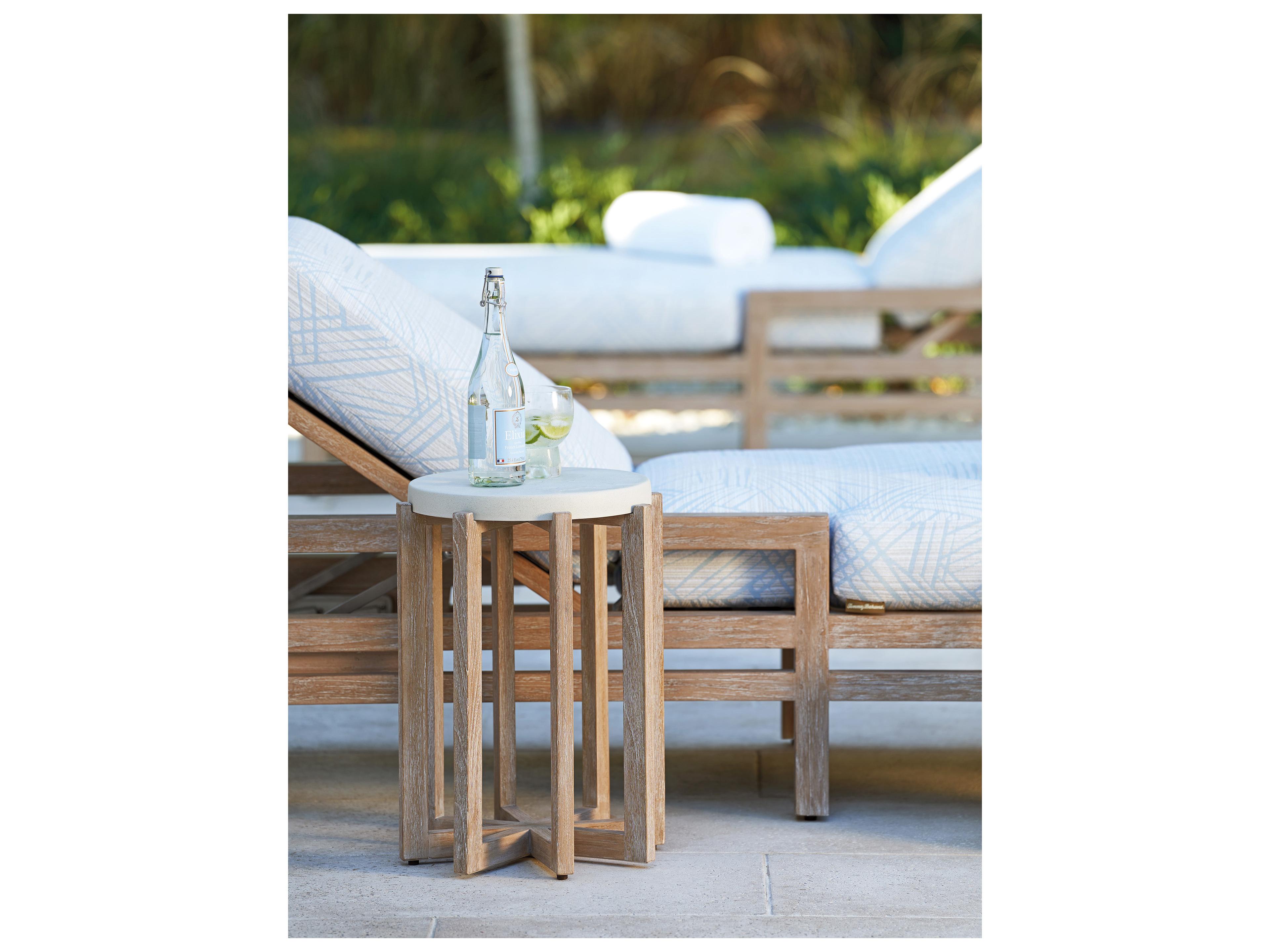 Tommy Bahama Outdoor Stillwater Cove Teak Round Limestone Resin Top End Table