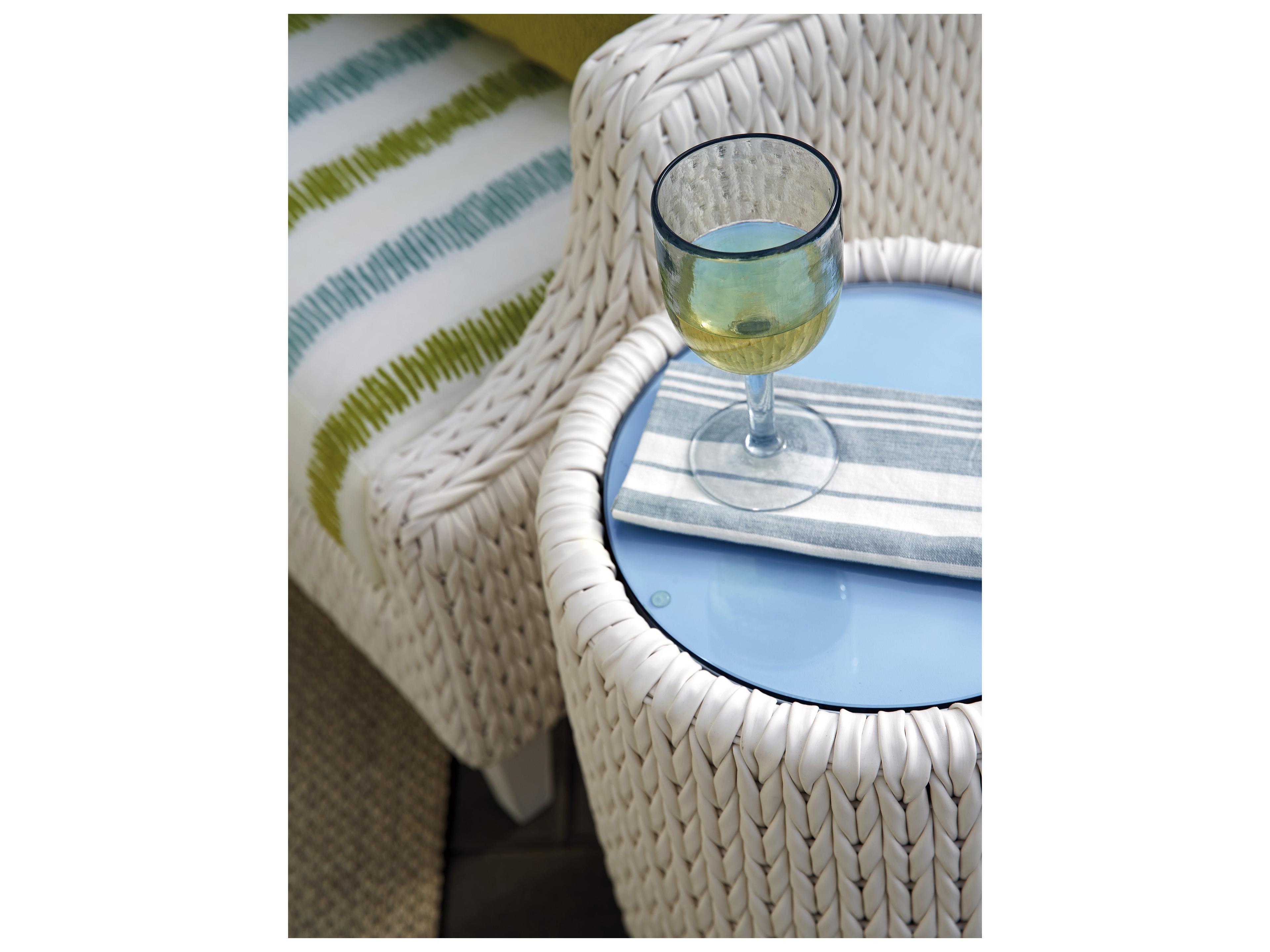 Tommy Bahama Outdoor Ocean Breeze Promenade Aluminum Wicker Round Glass Top Accent Table