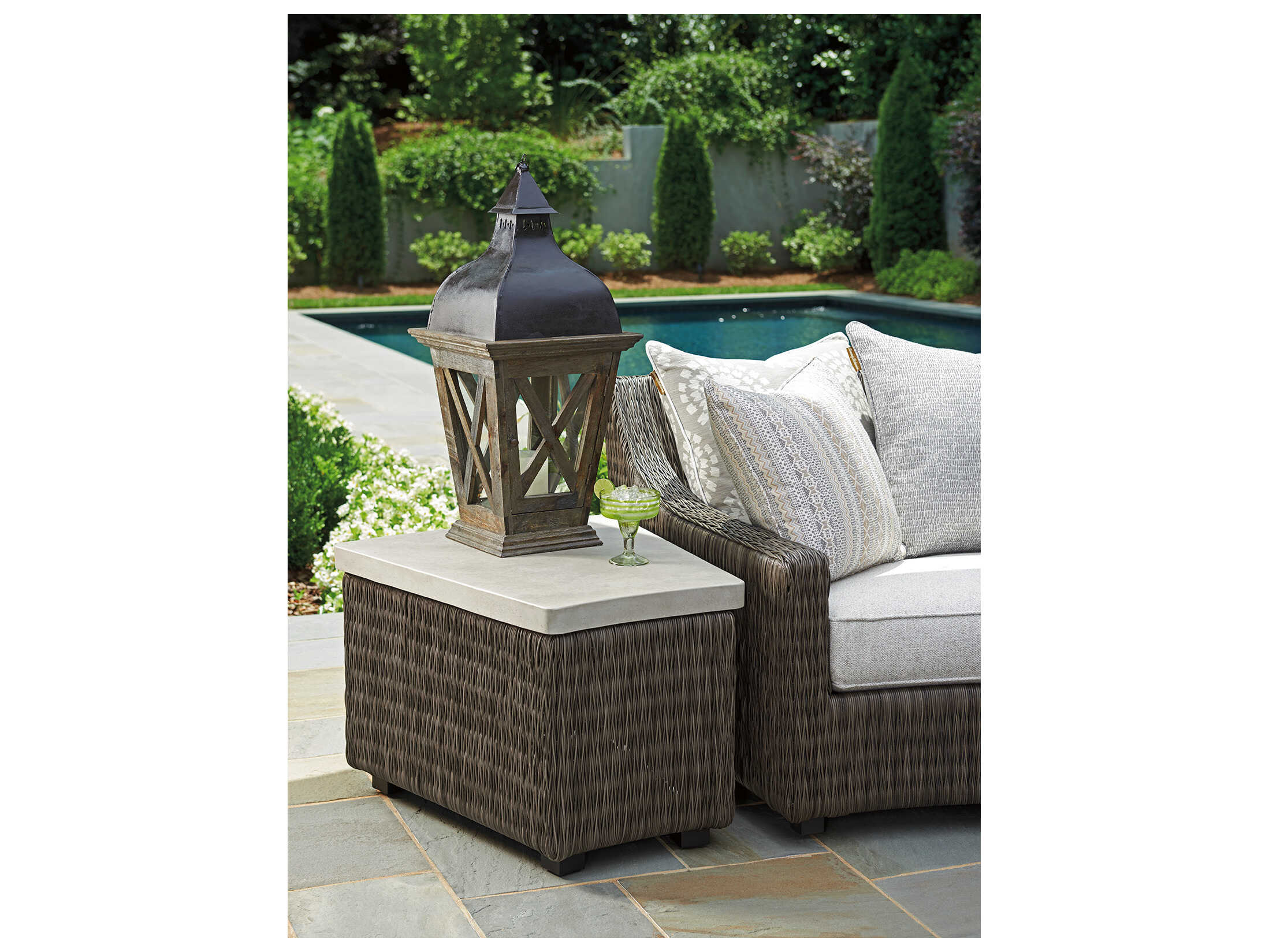 Tommy Bahama Outdoor Cypress Point Ocean Terrace Wicker Rectangular Wedge Table with Weatherstone Top