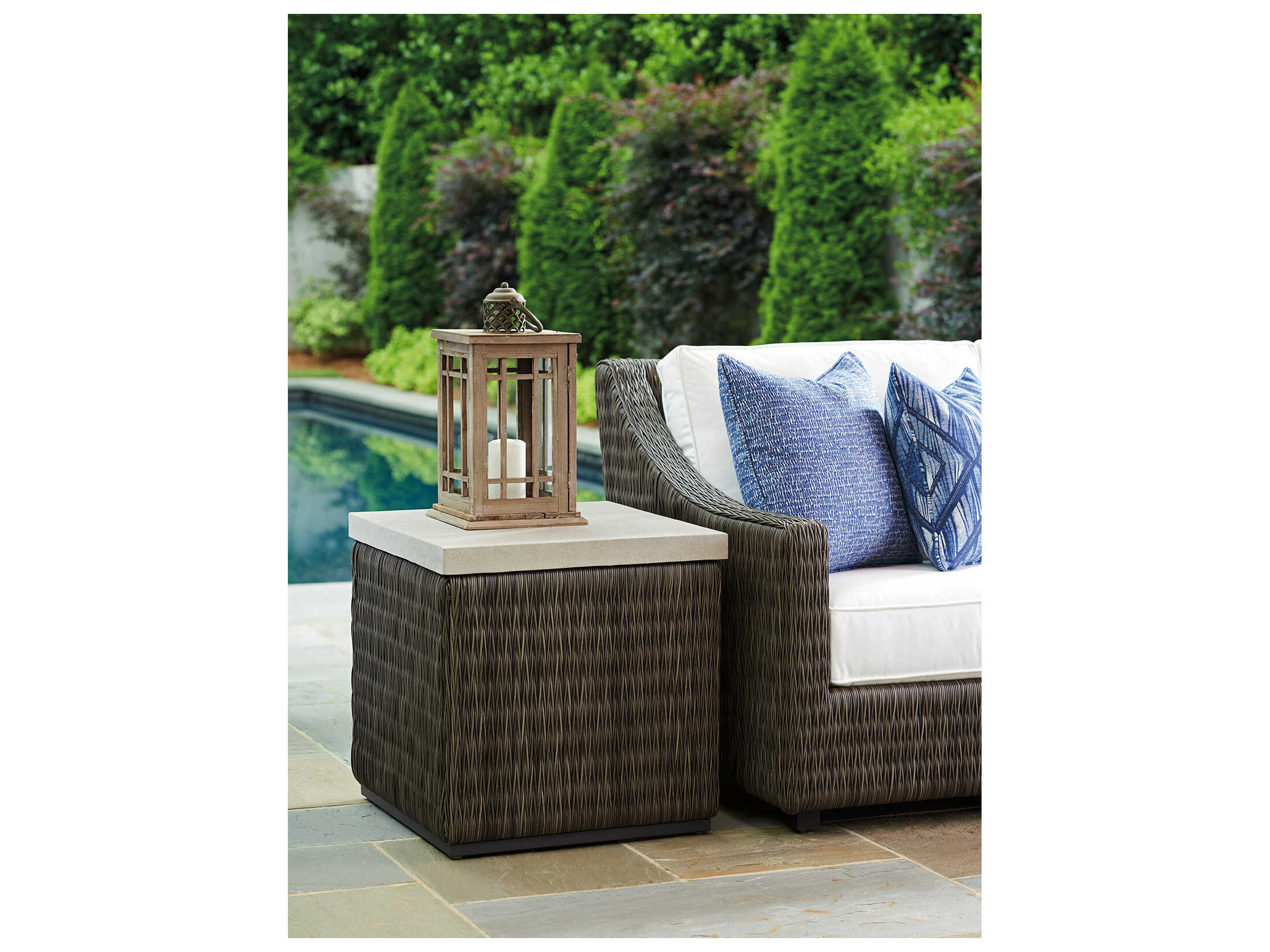 Tommy Bahama Outdoor Cypress Point Ocean Terrace Wicker Square End Table with Weatherstone Top