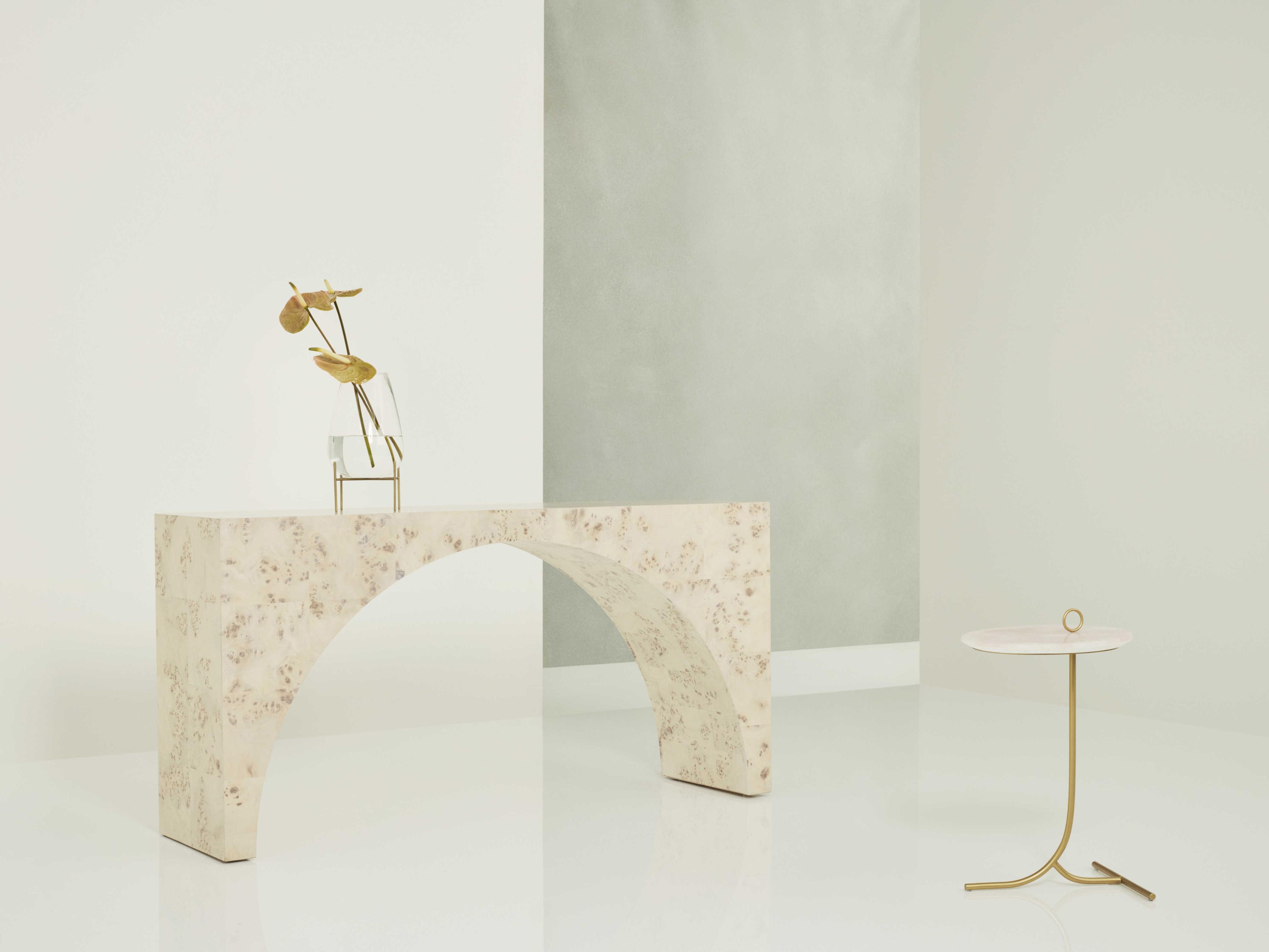 Universal Furniture Tranquility Round Stone Rose Quartz White Carrara Marble Soft Gold End Table