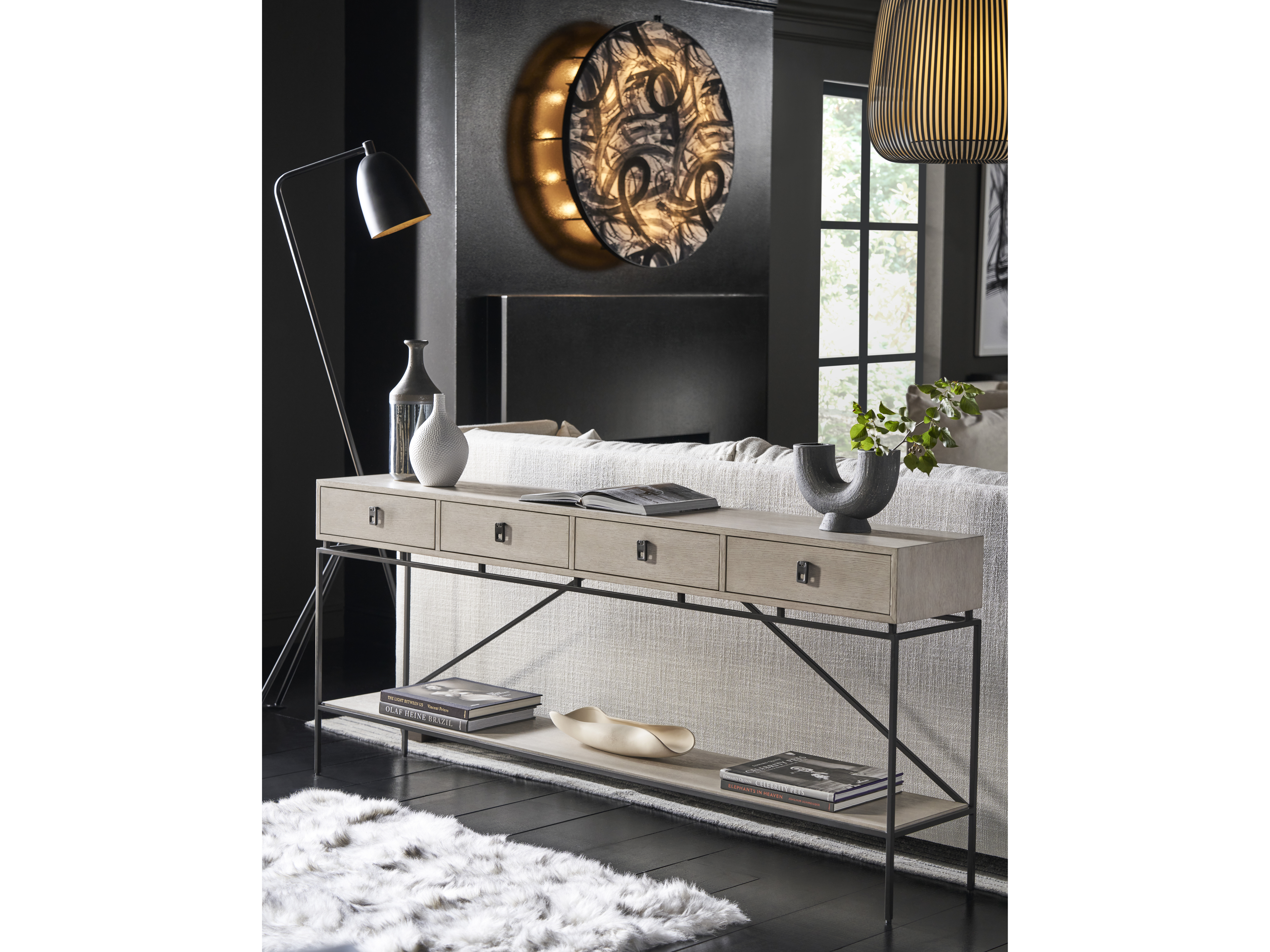 Universal Furniture Coalesce Barber Rectangular Wood Rolling Fog Console Table