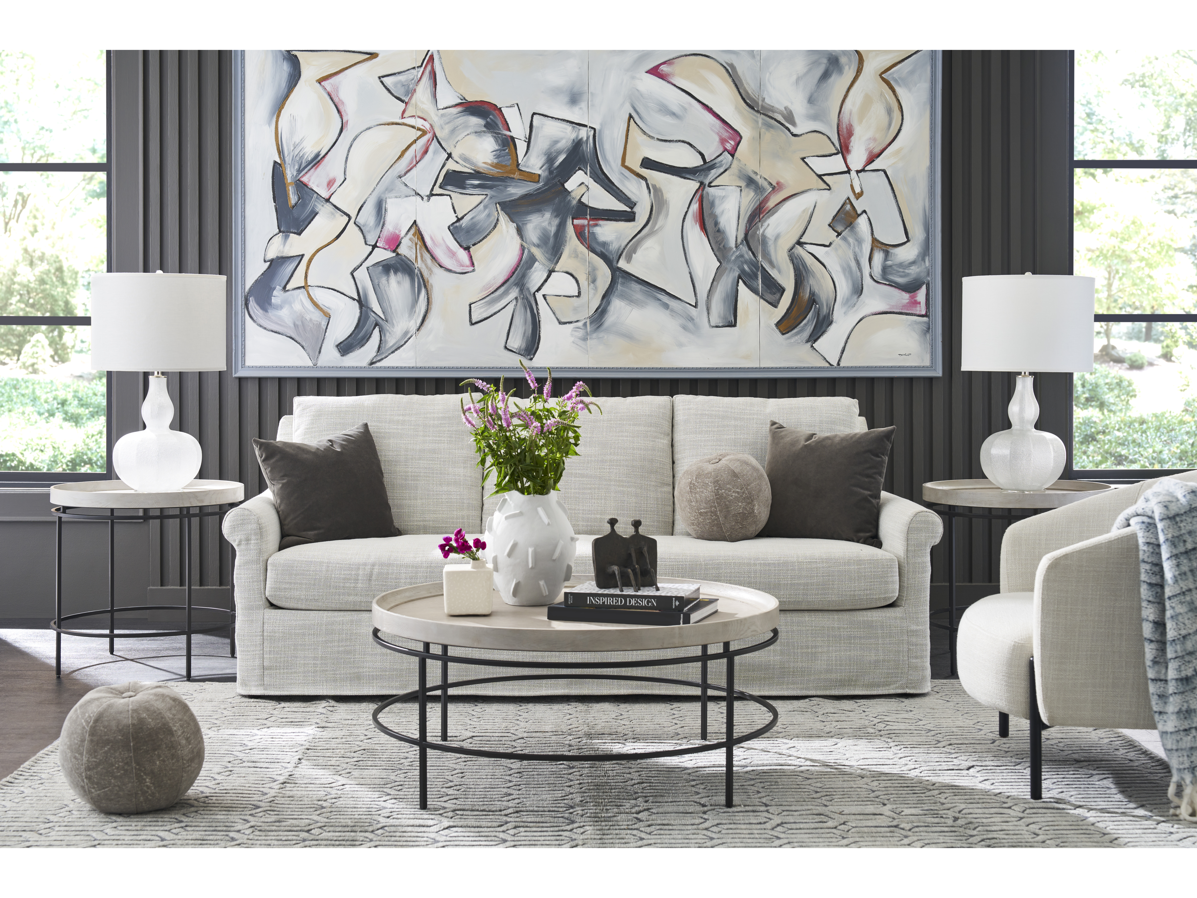 Universal Furniture Coalesce Tray Top Round Wood Rolling Fog Cocktail Table