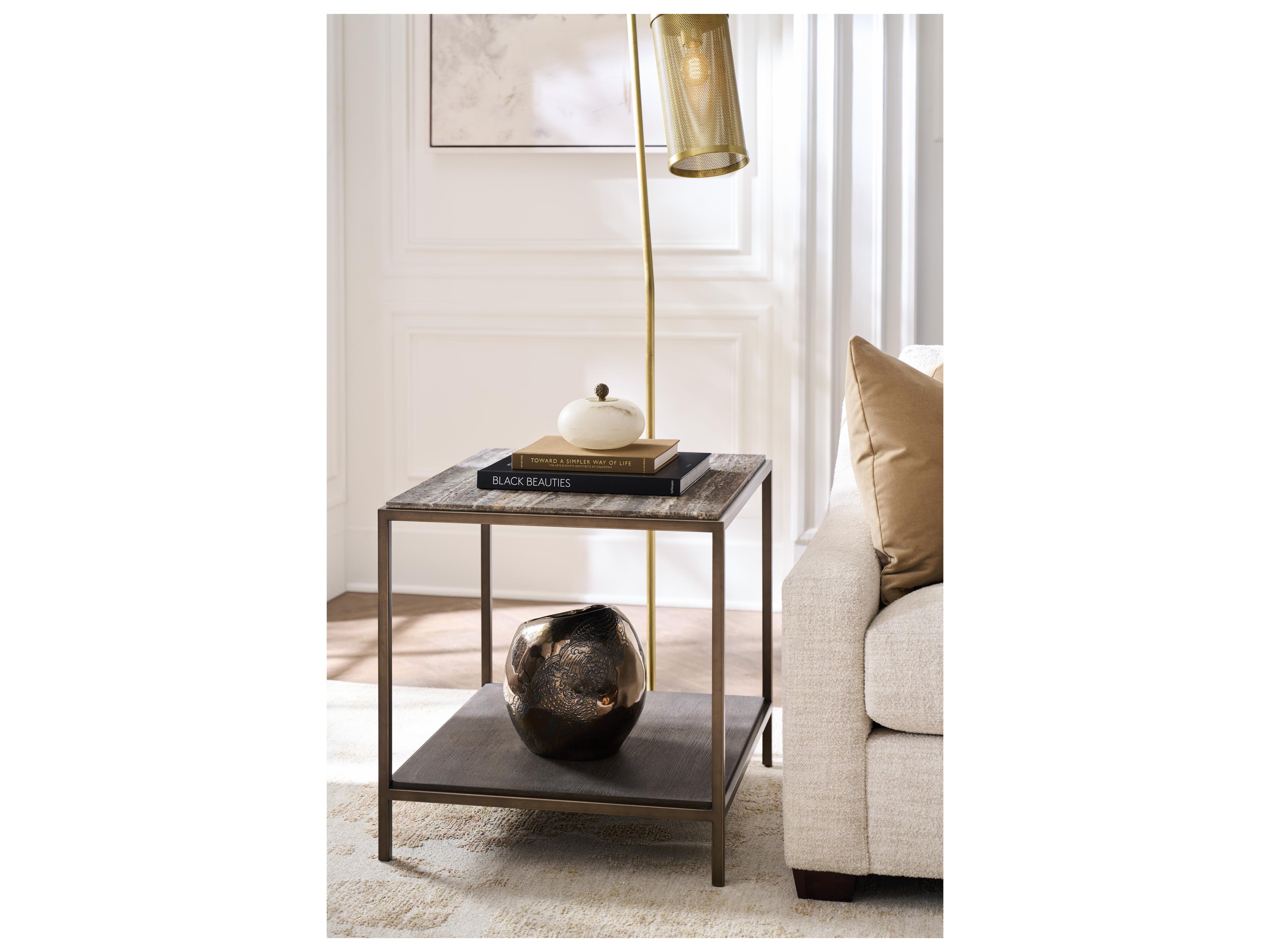 Universal Furniture Montclair Square Wood Smioked Gold And Travertine End Table