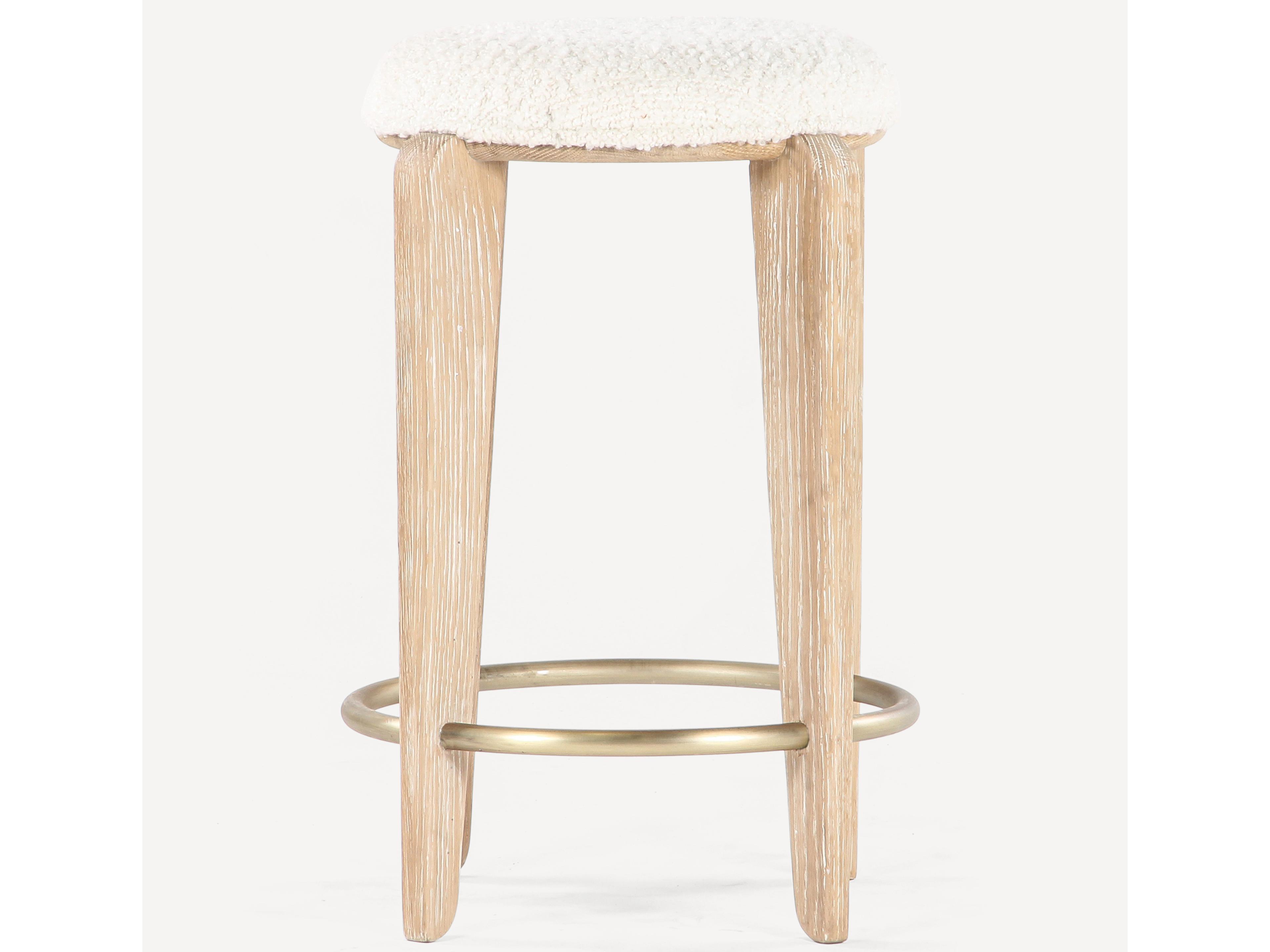 Union Home Quattro Cerused Oak Champagne Brass Upholstered Wood Counter Stool