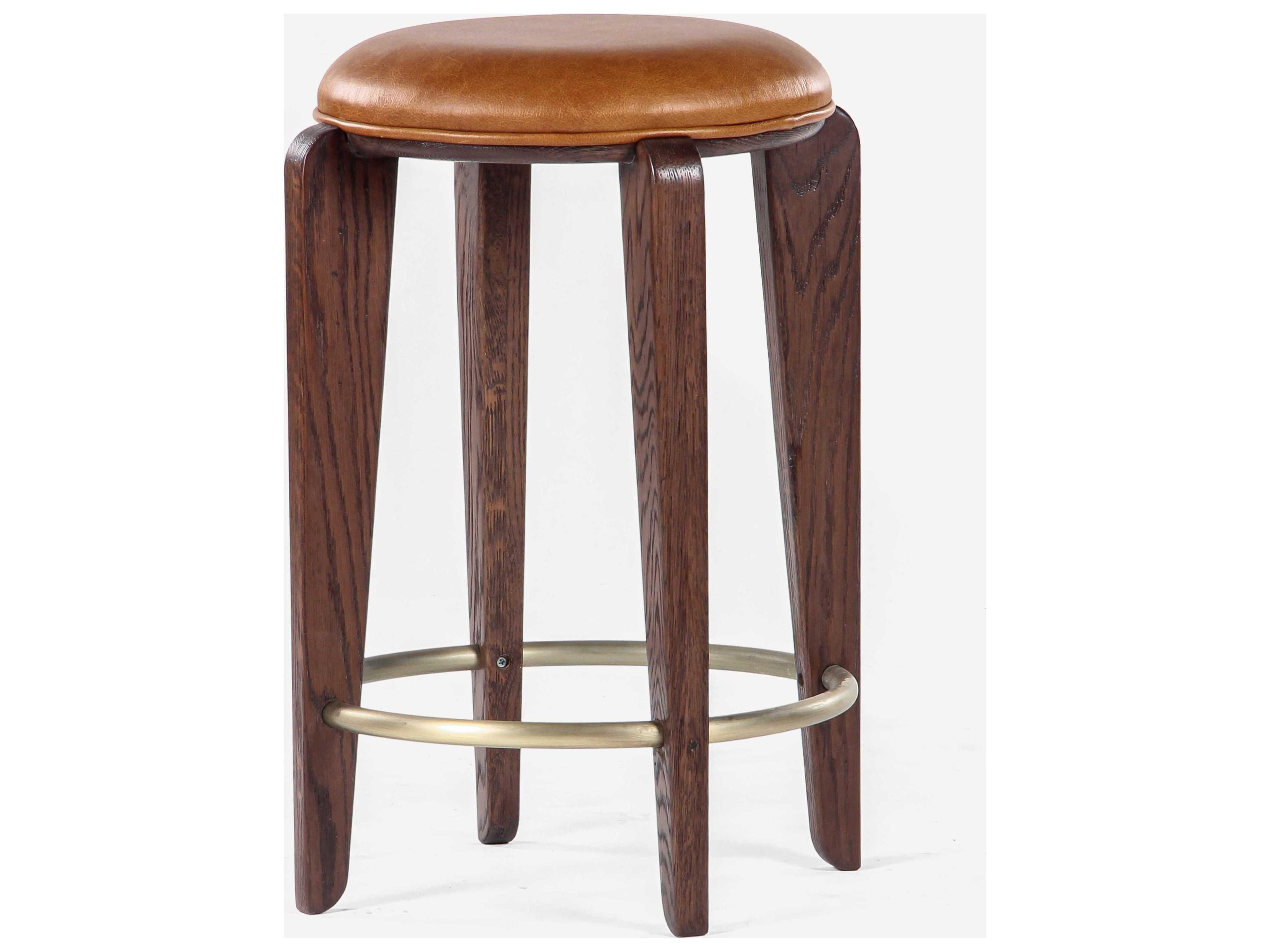 Union Home Quattro Mud Brown Champagne Brass Leather Oak Wood Counter Stool