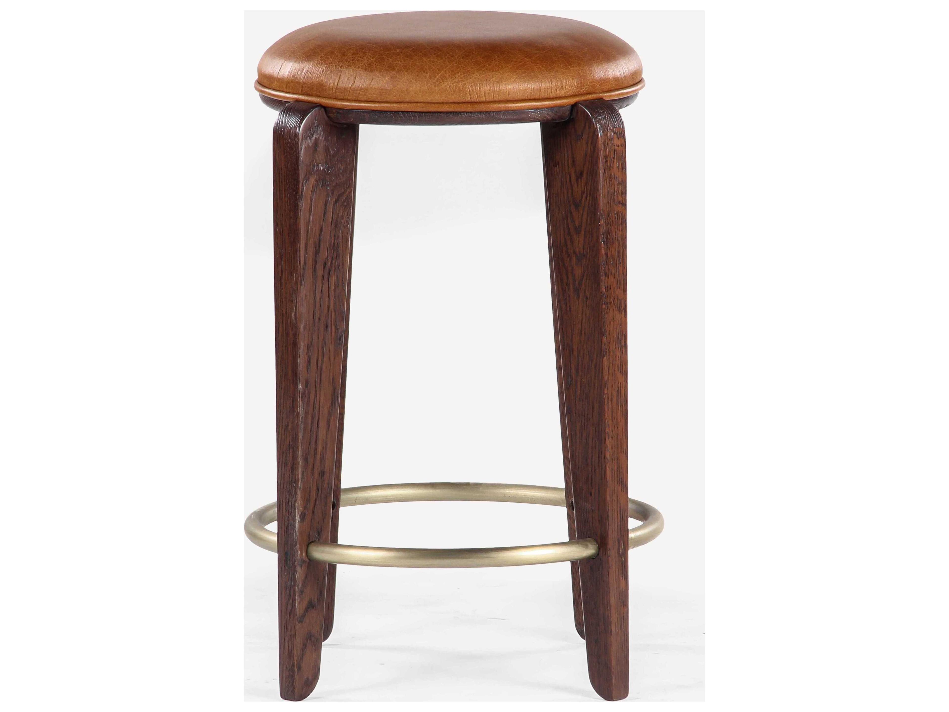 Union Home Quattro Mud Brown Champagne Brass Leather Oak Wood Counter Stool