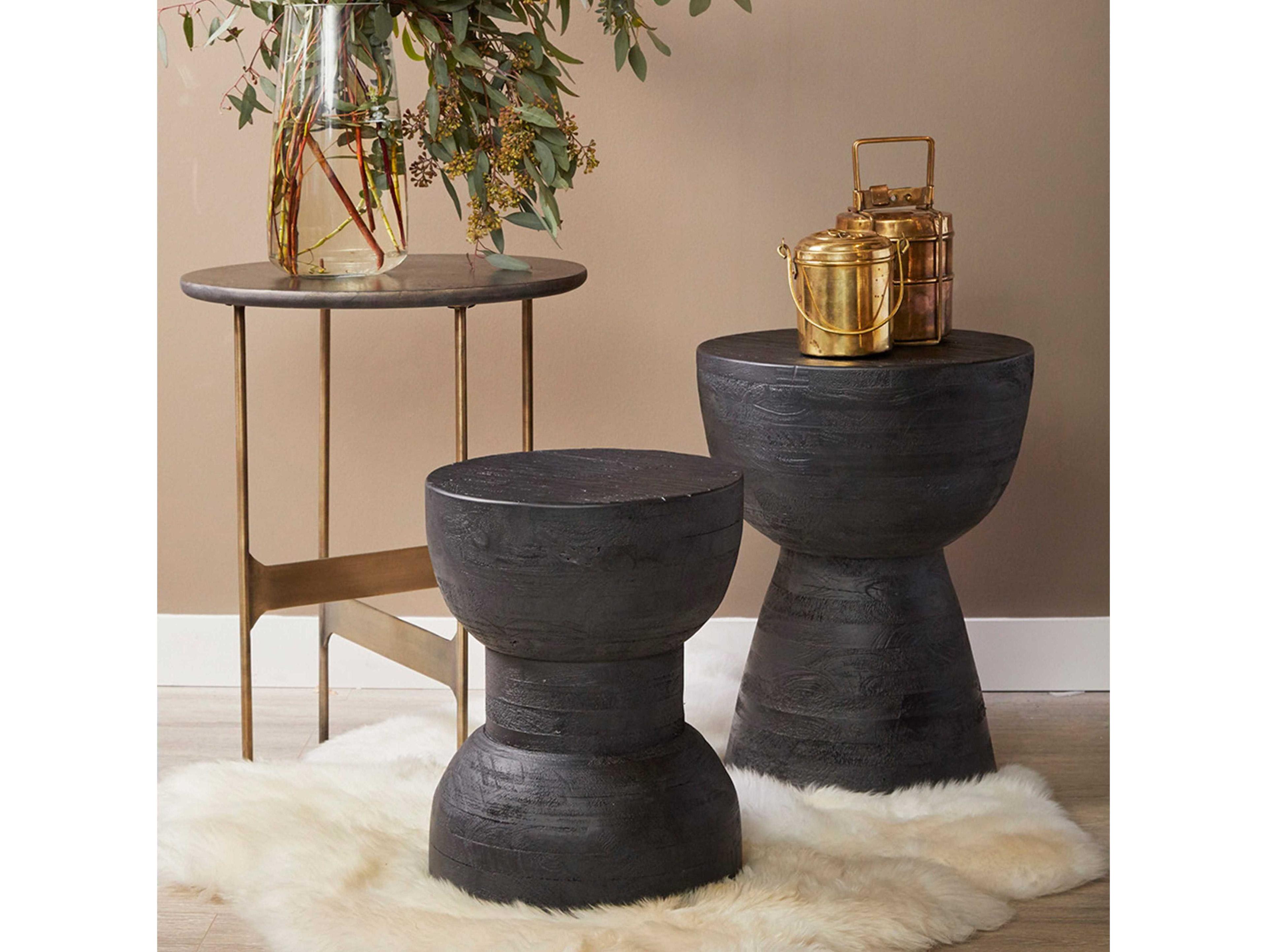 Union Home Hewn Round Wood Charcoal End Table