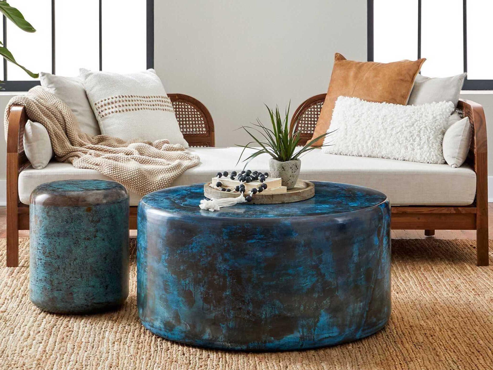 Union Home Moon Round Metal Blue Patina Coffee Table