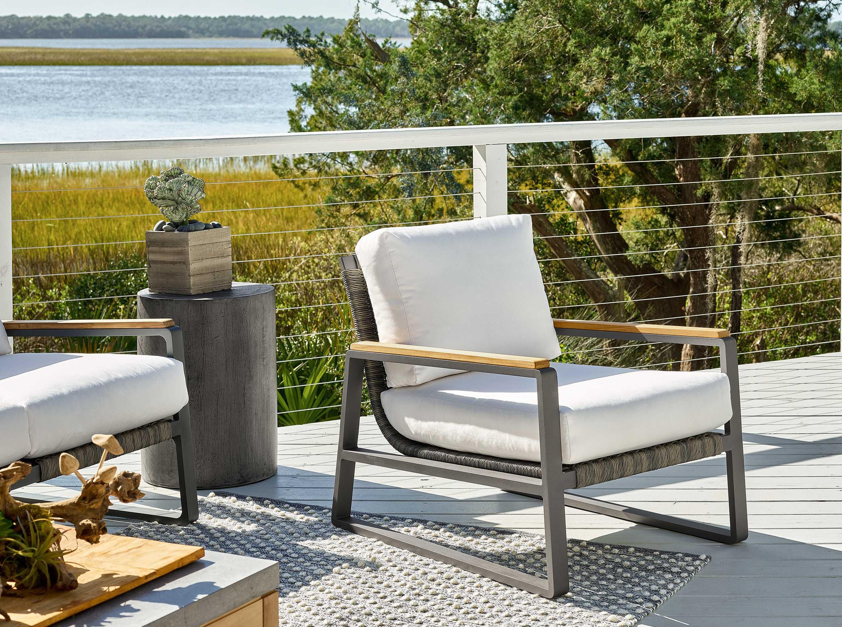 Coastal Living Outdoor Quick Ship San Clemente Natural Teak / Carbon Aluminum Brindle Wicker Cushion Lounge Chair