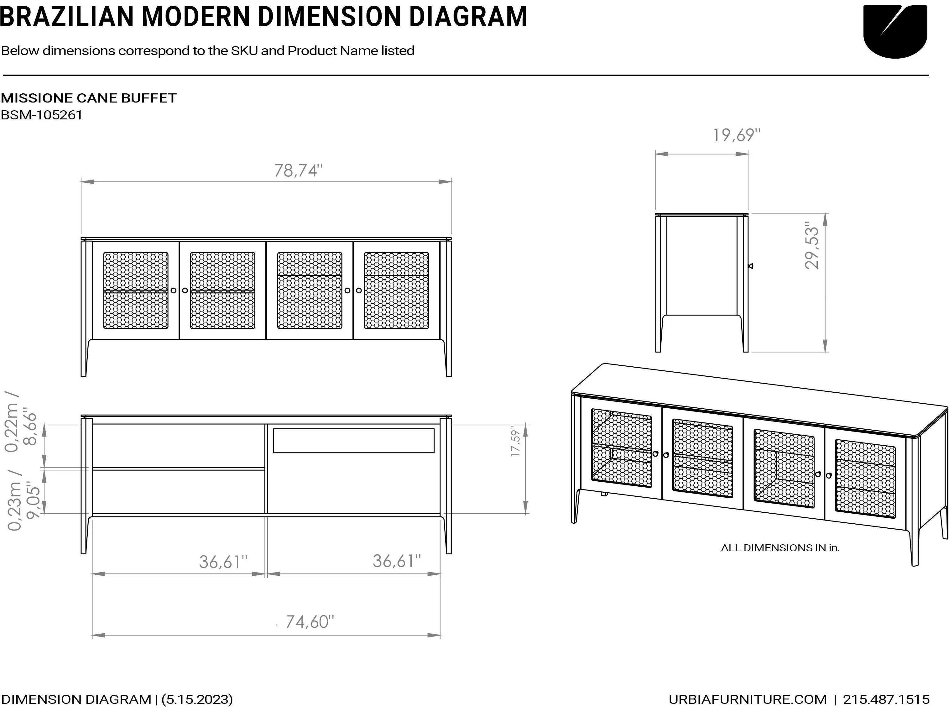 Urbia Modern Brazilian 78" Oak Wood Ebano Natural Missione Sideboard