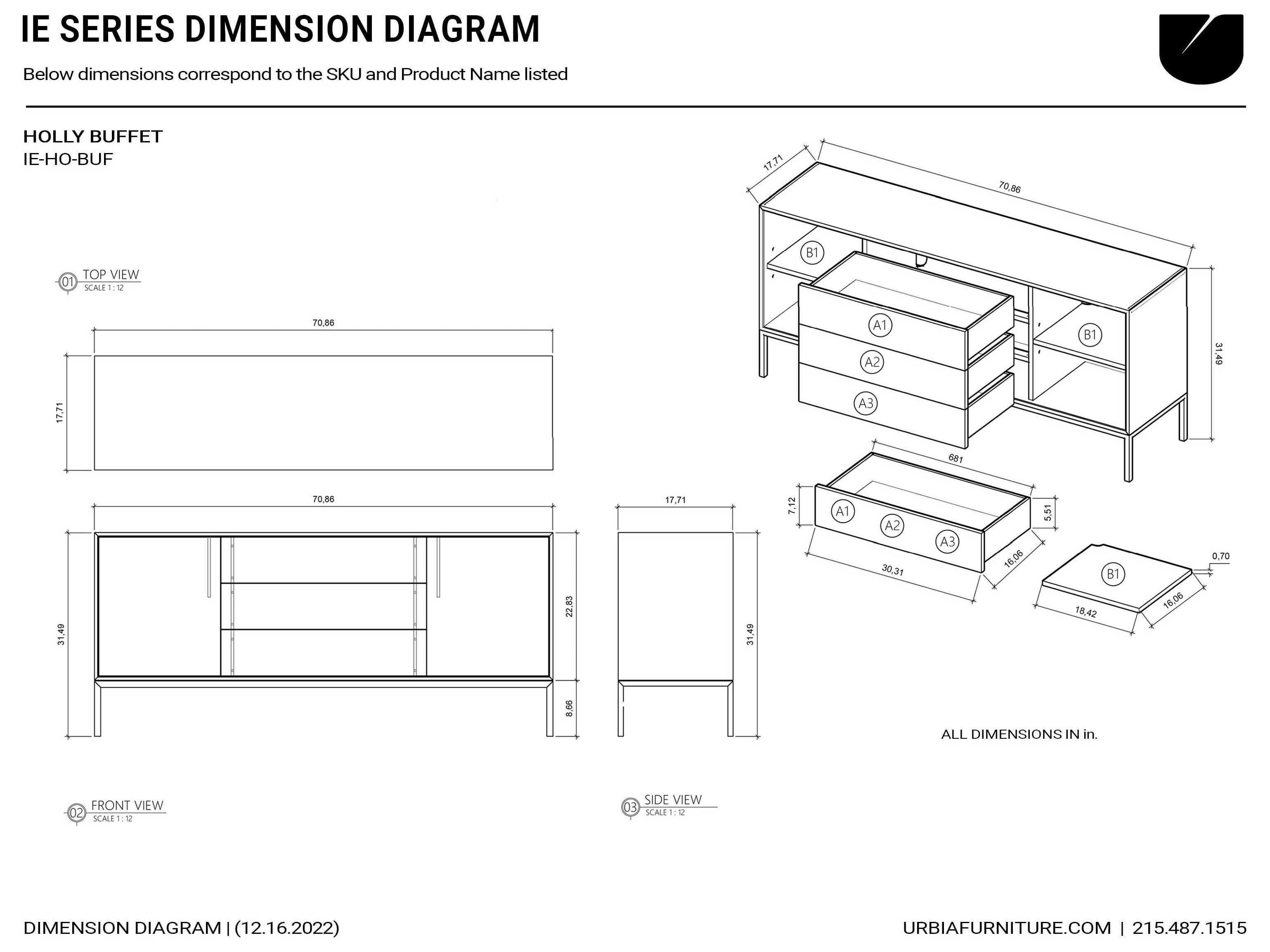 Urbia Ie Series Holly 71" Oak Wood White Brass Sideboard