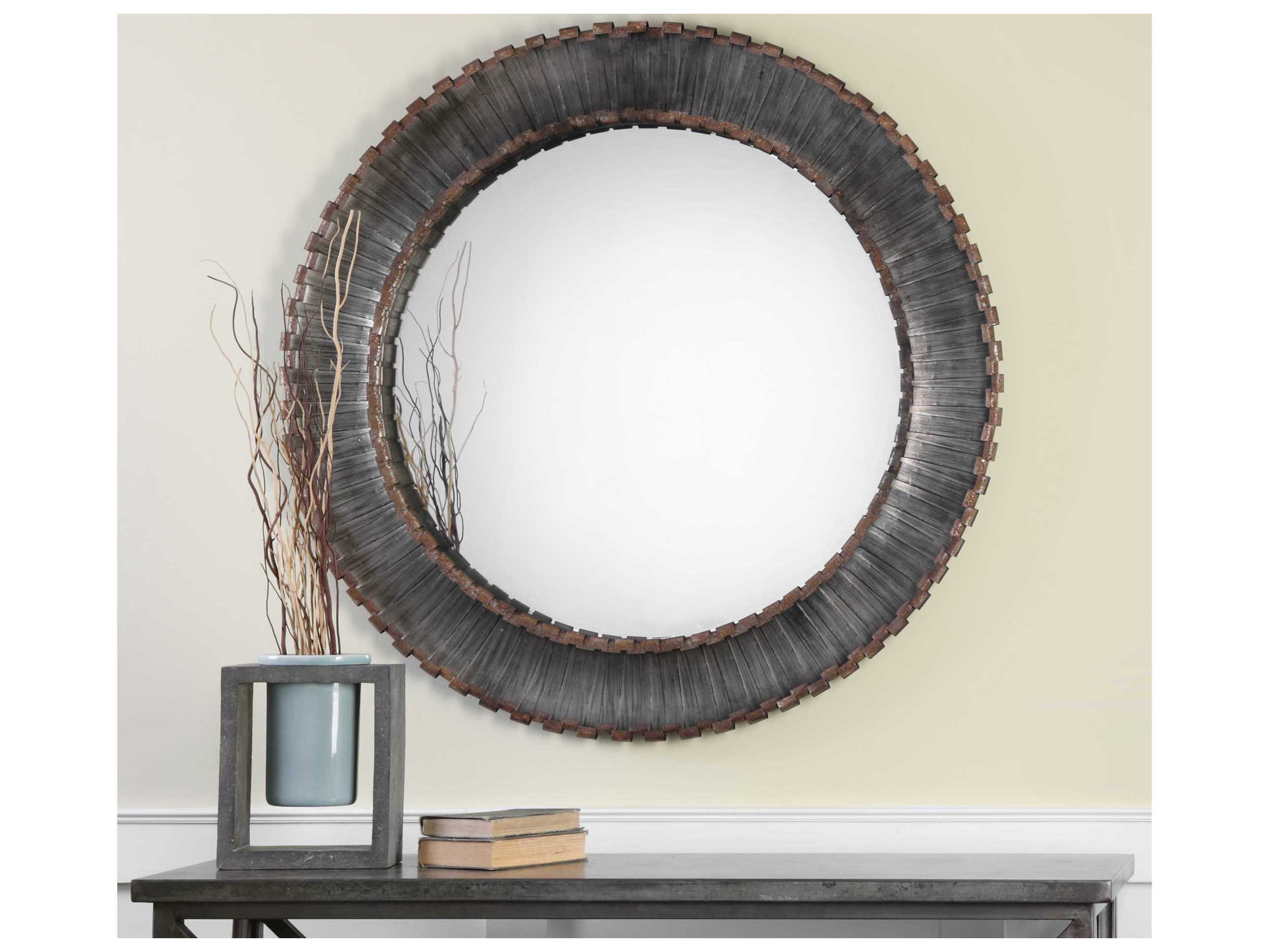 Uttermost Tanaina Metallic Silver with Black & Rust Brown Round Wall Mirror